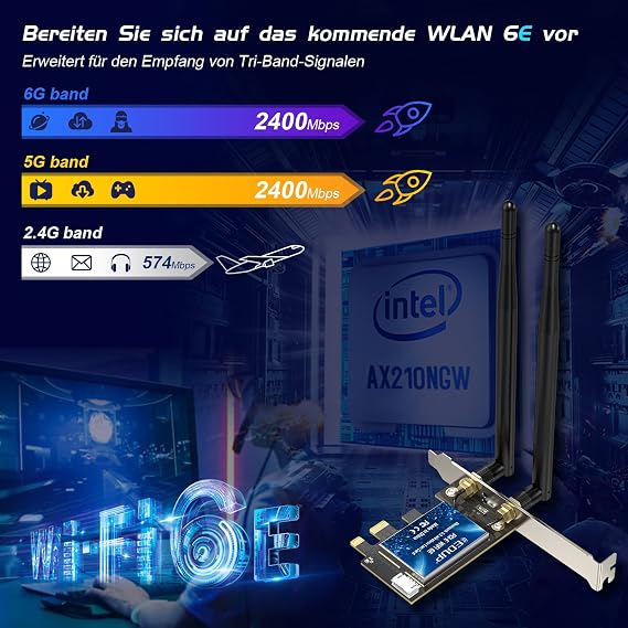 EDUP WiFi 6E Bluetooth 5.3 PCIE WLAN Card Intel AX210 5400Mbit/s WLAN Network Card Adapter 802.11AX Dual-Band 2.4Ghz/5GHz Antenna Affordable AX210 Chip for PC Desktop Windows 10 & 11 64-Bit