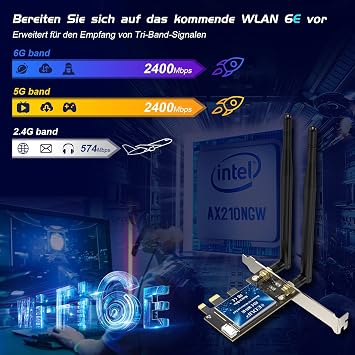 EDUP WiFi 6E Bluetooth 5.3 PCIE WLAN Card Intel AX210 5400Mbit/s WLAN Network Card Adapter 802.11AX Dual-Band 2.4Ghz/5GHz Antenna Affordable AX210 Chip for PC Desktop Windows 10 & 11 64-Bit
