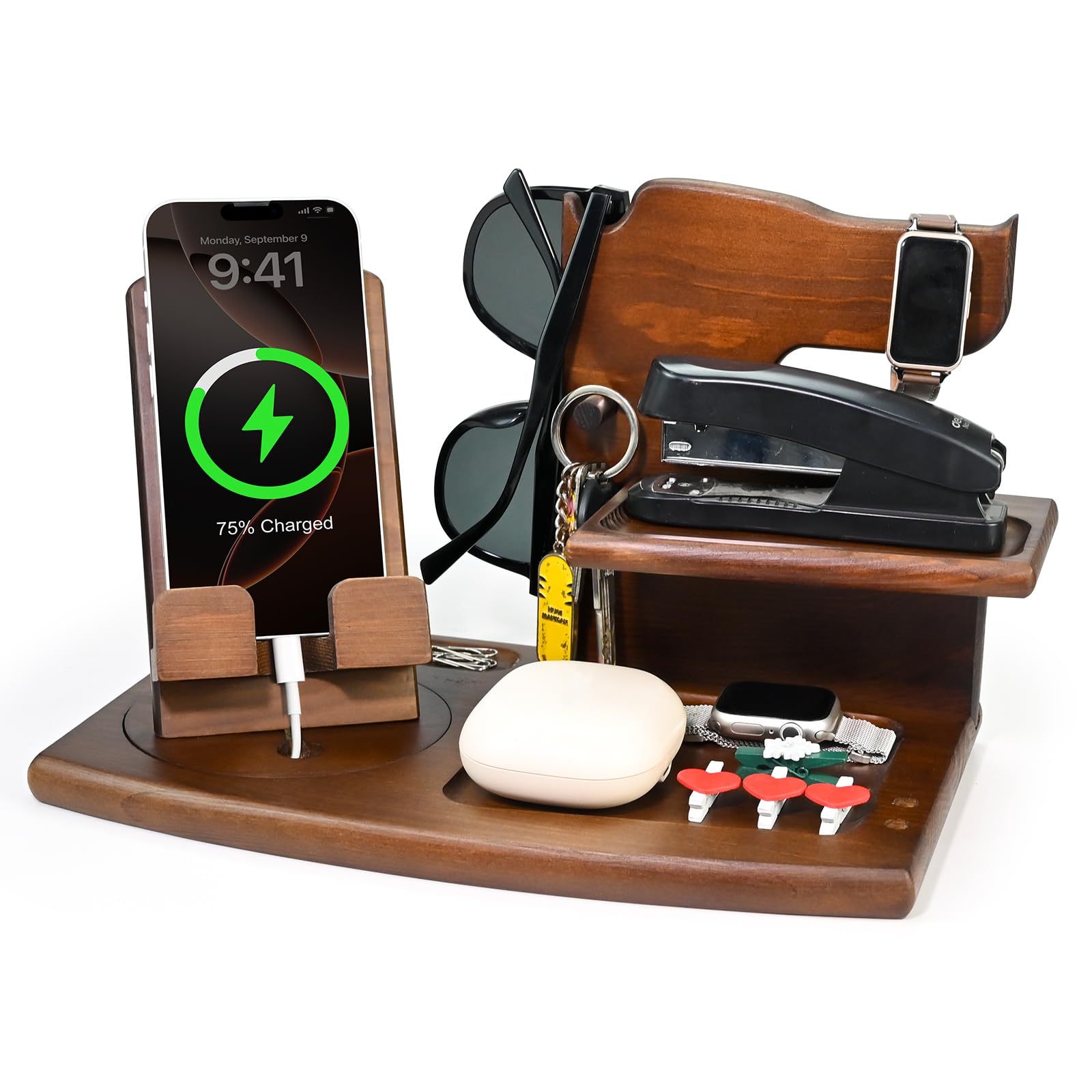 Wooden Bedside Organiser for Men, Desk Organizer Gifts for Him, Upgraded Rotatable Wood Phone Docking Station and Nightstand Dock for Keys, Wallet, Phone, Glasses, Gifts for Men Dad Husband Christmas