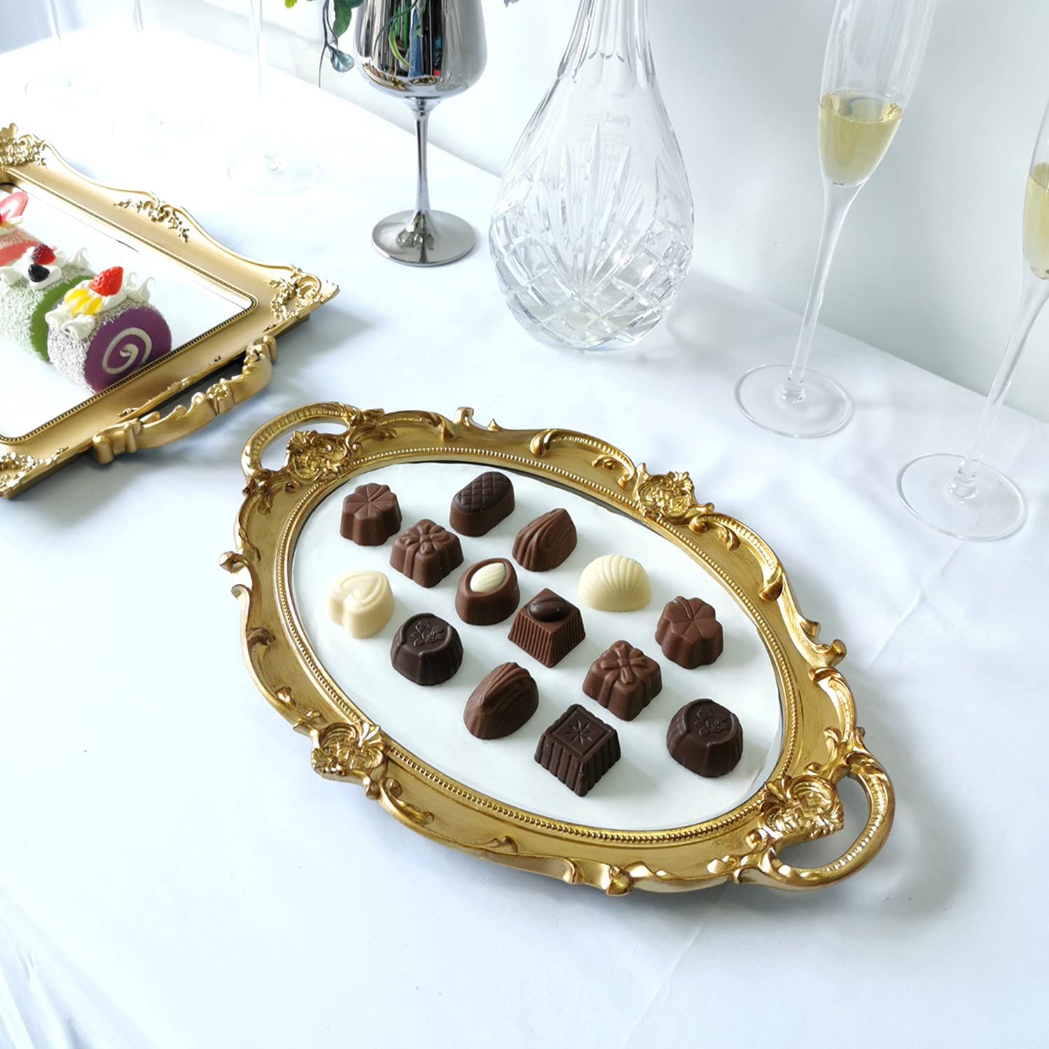 Yamfurga Oval Decorative Mirror Tray, French Style, Makeup Organizer, Jewelry Organizer, Serving Tray, 9.8