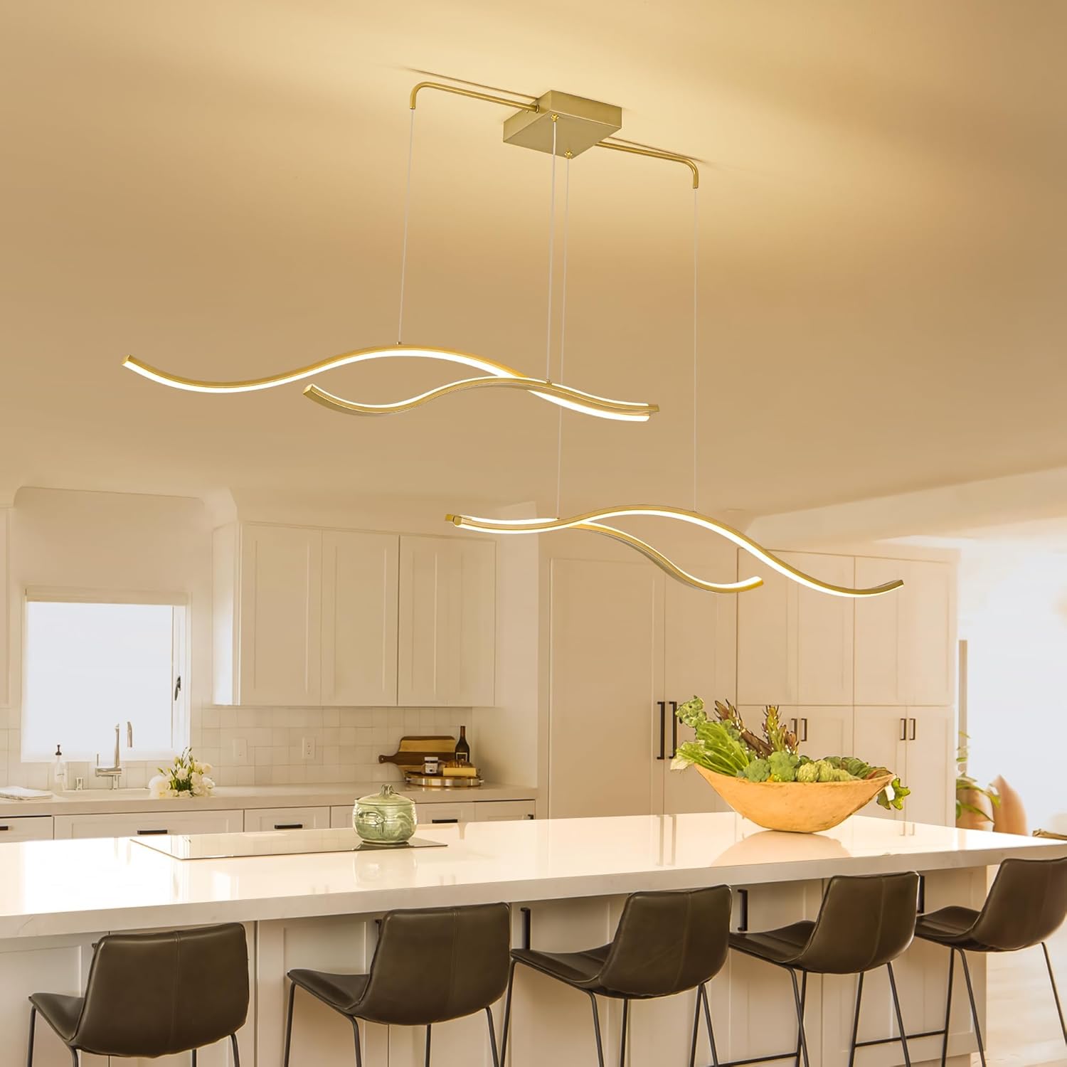Mayful LED Chandelier, Modern Chandelier with Remote Control, Dimmable 3000K-6000K Adjustable Temperature, Height Adjustable Kitchen Island Pendant Light for Dining Room, Living Room Gold 64.2 inch