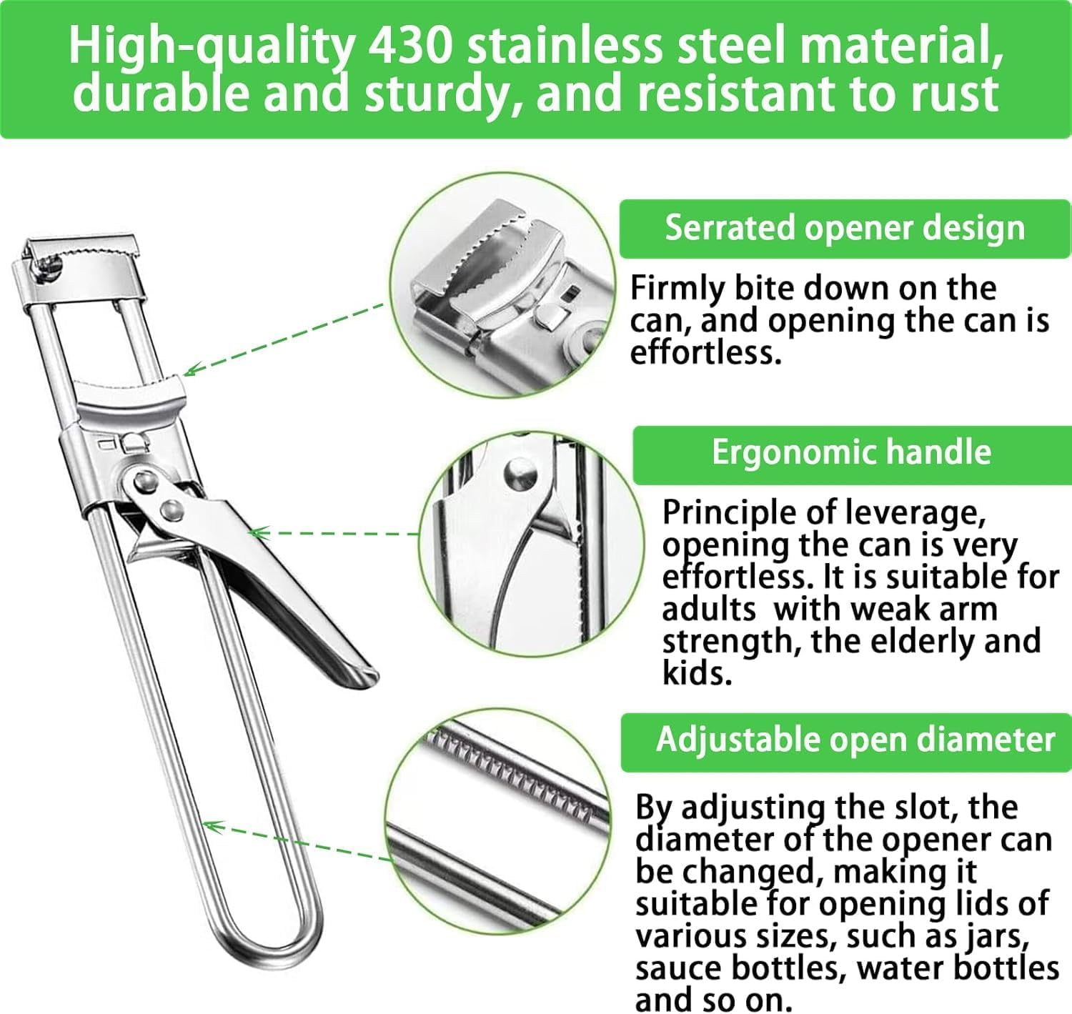 Adjustable Jar Opener for Weak Hands, 2026 New Stainless Steel Lid Gripper Extended 9 Inch, Multifunctional Bottle Opener with Handle Easy Open for Seniors Kids