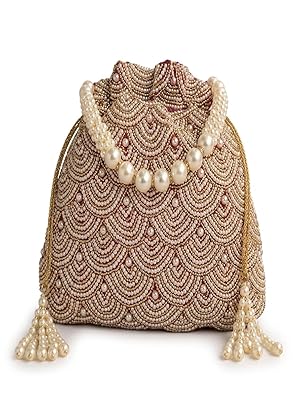 JDDCART Magenta Ethnic Pearl Embroidered Potli Handbag with White Moti Embroidered and Drawstring Closure