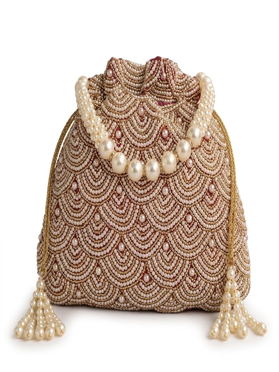 JDDCART Magenta Ethnic Pearl Embroidered Potli Handbag with White Moti Embroidered and Drawstring Closure-picture-13