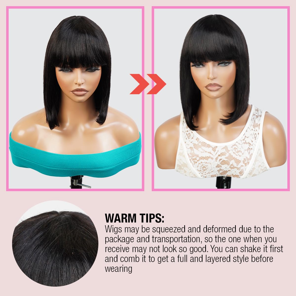 Medium Bob Wigs Human Hair with China Bangs for Black Women Straight Bob with Bangs Human Hair Non Lace Front Wigs – Spinel (12 inch (1Pack), OT1B/BURG (Ombre tipped offblack burgundy))