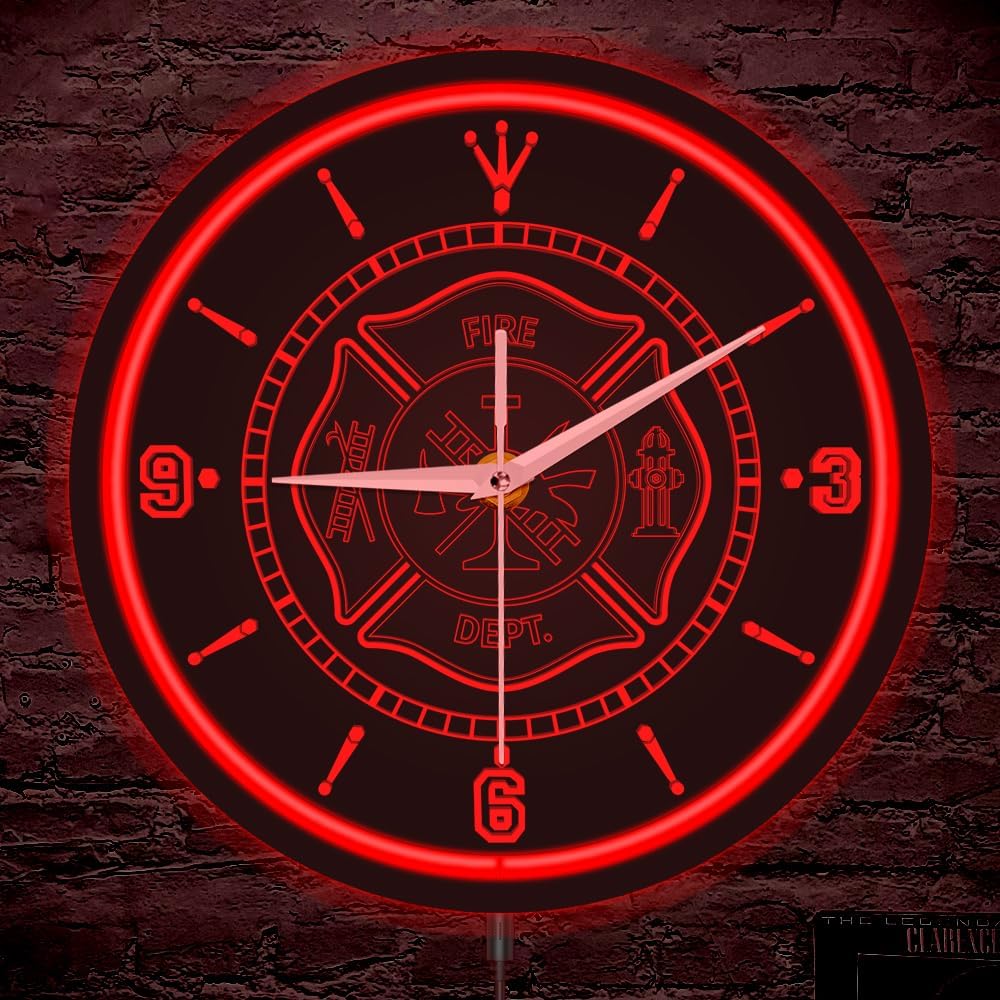 The Geeky Days Fire Department Red LED Neon Metal Frame Wall Clock Glow in Dark for Fire Station Office Room Lighted Decor Fireman LED Lighting Wall Clock With Silent Quartz Movement Firefighter Gifts