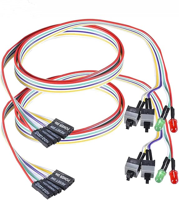 2 Pack Desktop Computer Case Motherboard On/Off/Reset/HDD Switch Cord PC Power Button SW Cable ATX Case Front Bezel Wire with Red Green LED Indicator Light 2-Pin 27-inch