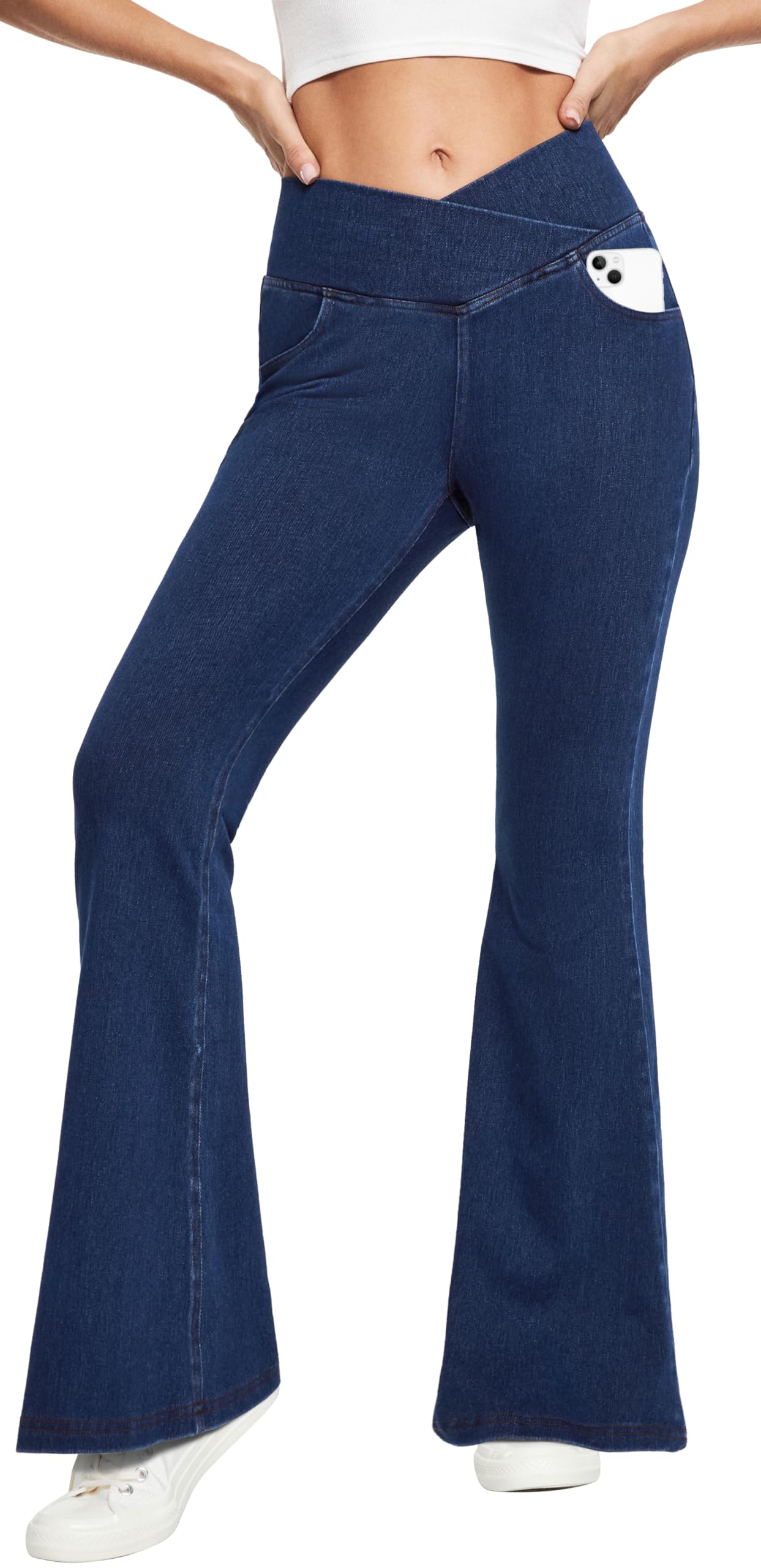 IUGA Bell Bottom Jeans for Women High Waisted Stretchy Flare Jeans Crossover Pull On Tummy Control Flare Pants with Pockets size M