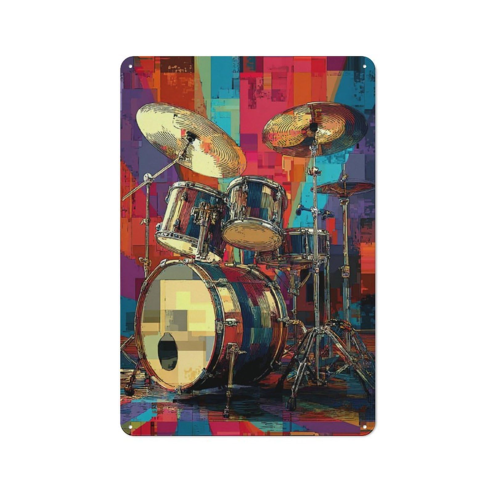 Junmoney Vibrant Drum Set Artwork 30X20cm Retro Metal Plaque With For Garage Or Workshop, Housewarming Present For People Styling Garage And Workshop