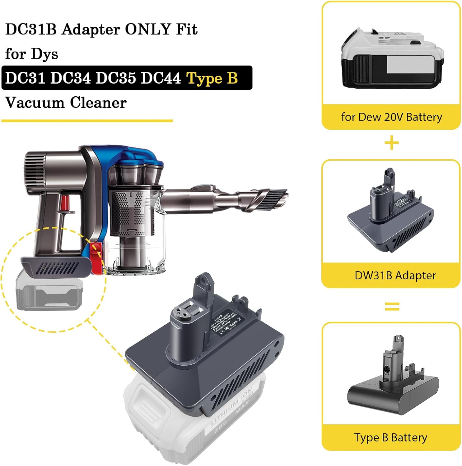 for Dyson Type B DC31 DC35 Battery Adapter, for Dewalt 20V Battery to Type B DC31 DC34 DC35 DC44 DC45 DC56 DC57 917083-01 Handheld Vacuum Cleaner [ONLY Fit for Dyson Type B]