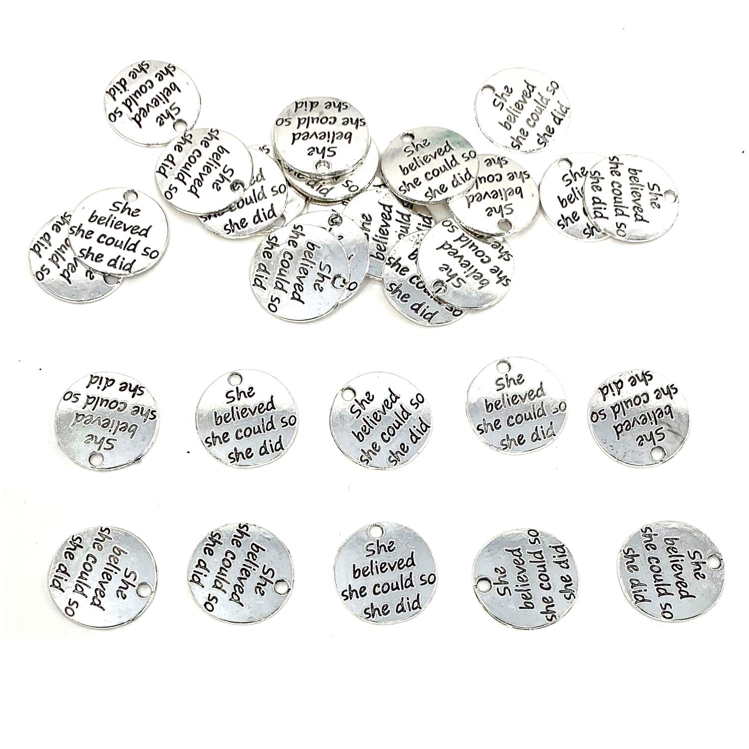 JIALEEY(30pcs) - 30pcs Alloy"She Believed she Could so she did" DIY Message Charms Pendant for Crafting Bracelet Necklace Jewellery Making Accessory, Antique Silver Round