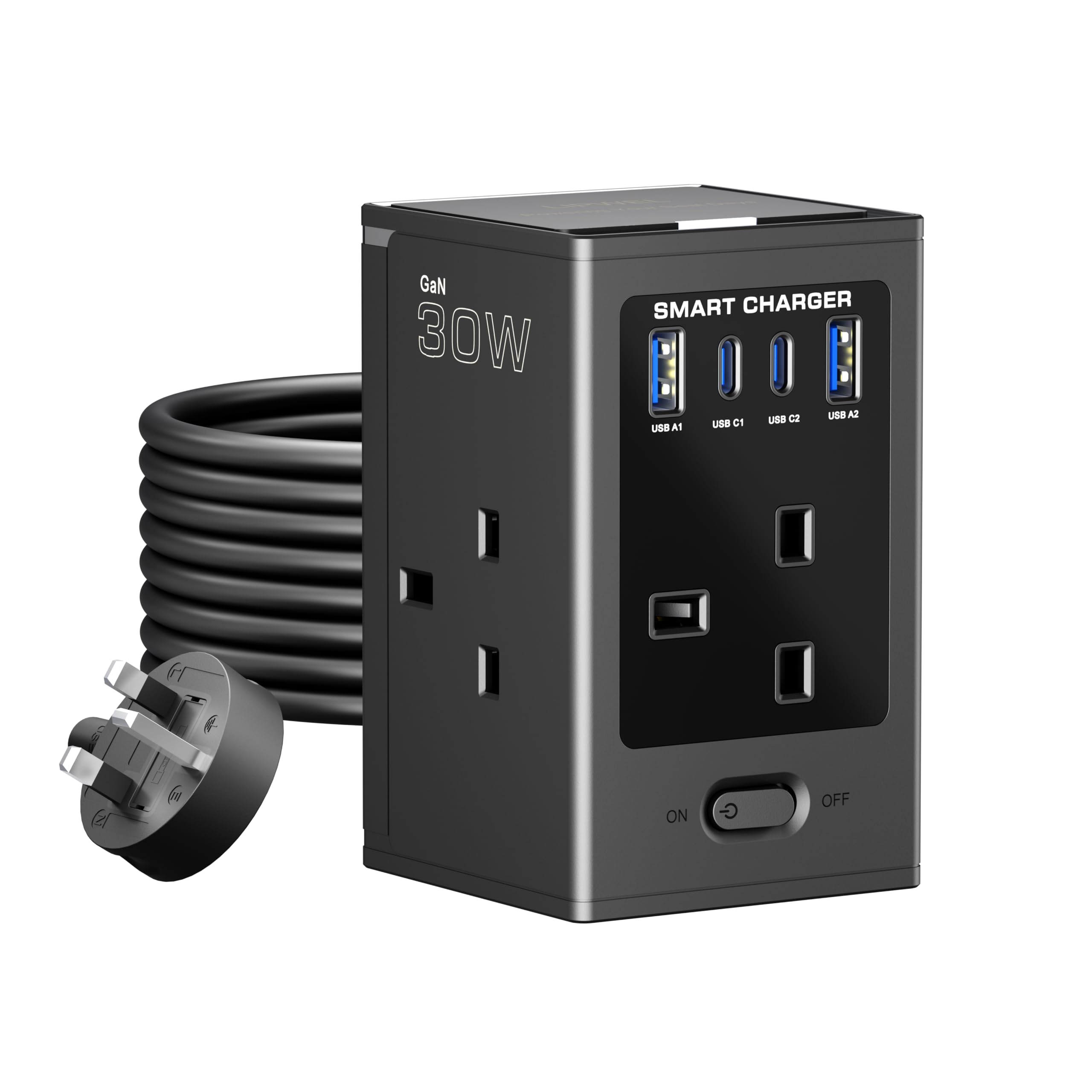 LIPWEL 8-in-1 Electric Extension Lead Overload Protection Extension Cord 3 M Extension Socket Flame-Retardant 4 Way Plug Extension Tower with USB Slots Fast Charging Ideal for Office Accessories