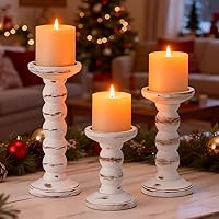 Vista 3 de Wood Candle Holder, 3Pcs Rustic White Candle Holders for Pillar Candles, Solid Wood Decorative Candle Holders Distressed Wooden Farmhouse Candle