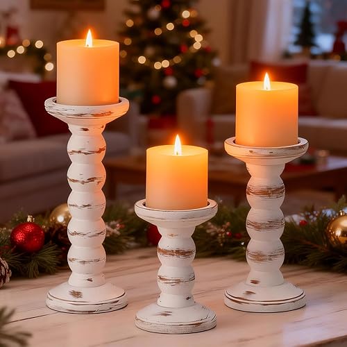 Miniatura 3 de Wood Candle Holder, 3Pcs Rustic White Candle Holders for Pillar Candles, Solid Wood Decorative Candle Holders Distressed Wooden Farmhouse Candle