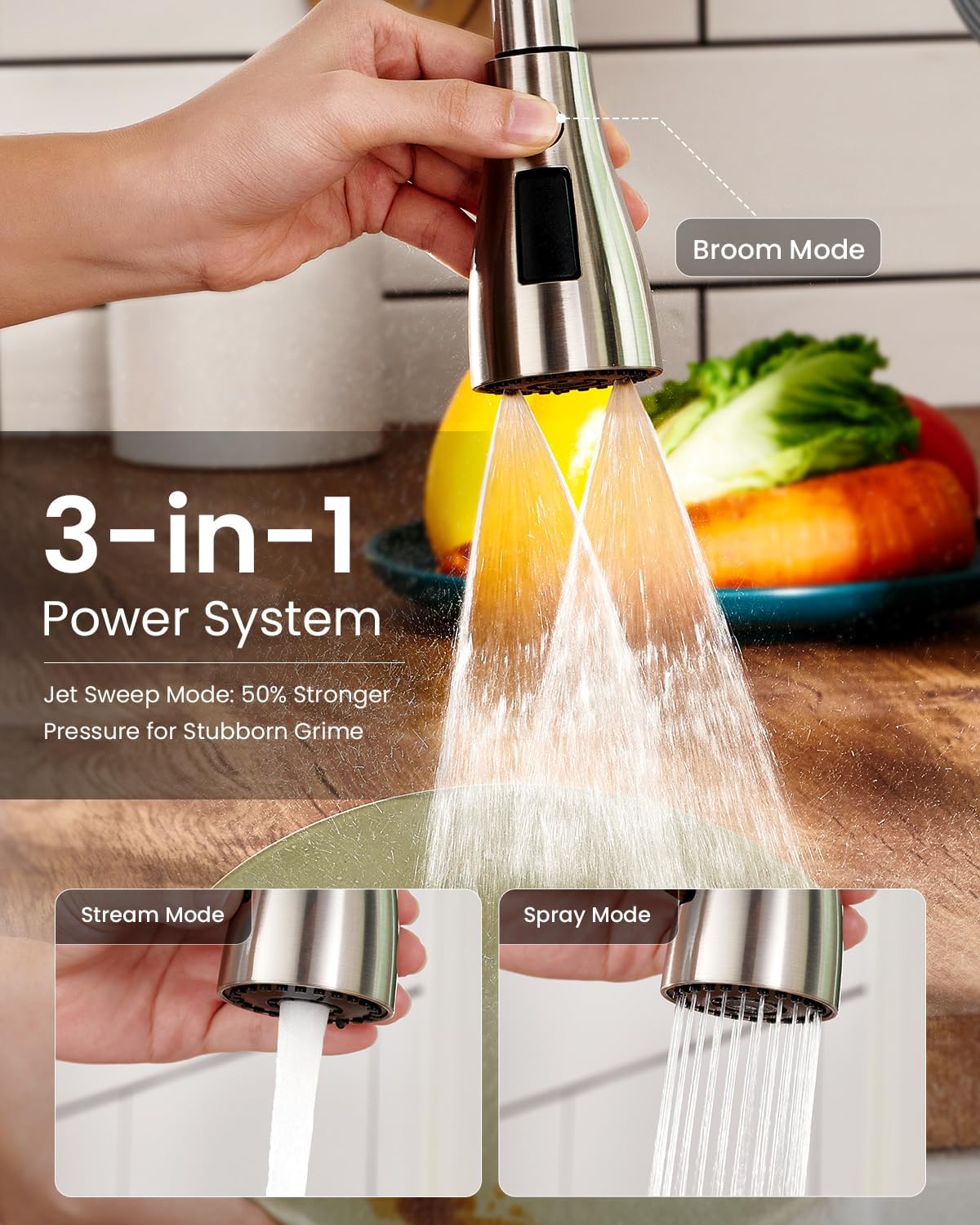 APPASO Robinet de cuisine sans contact avec pulvérisateur extractible, détecteur de mouvement, robinets d'évier de cuisine mains libres, nickel brossé, compatible avec 1 ou 3 trous, pulvérisateur à 3