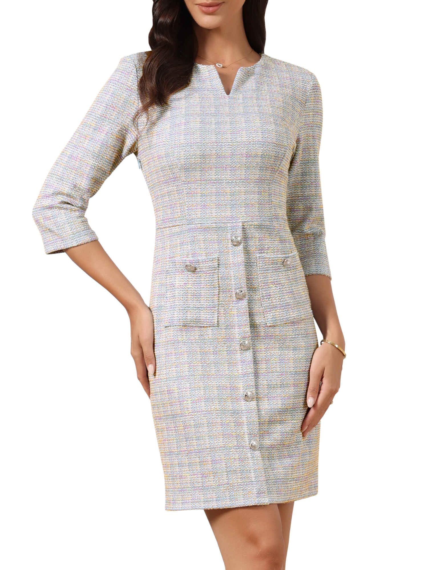Tweed Dress for Women Vintage 3/4 Sleeve Business Office Wear to Work Sheath Dress
