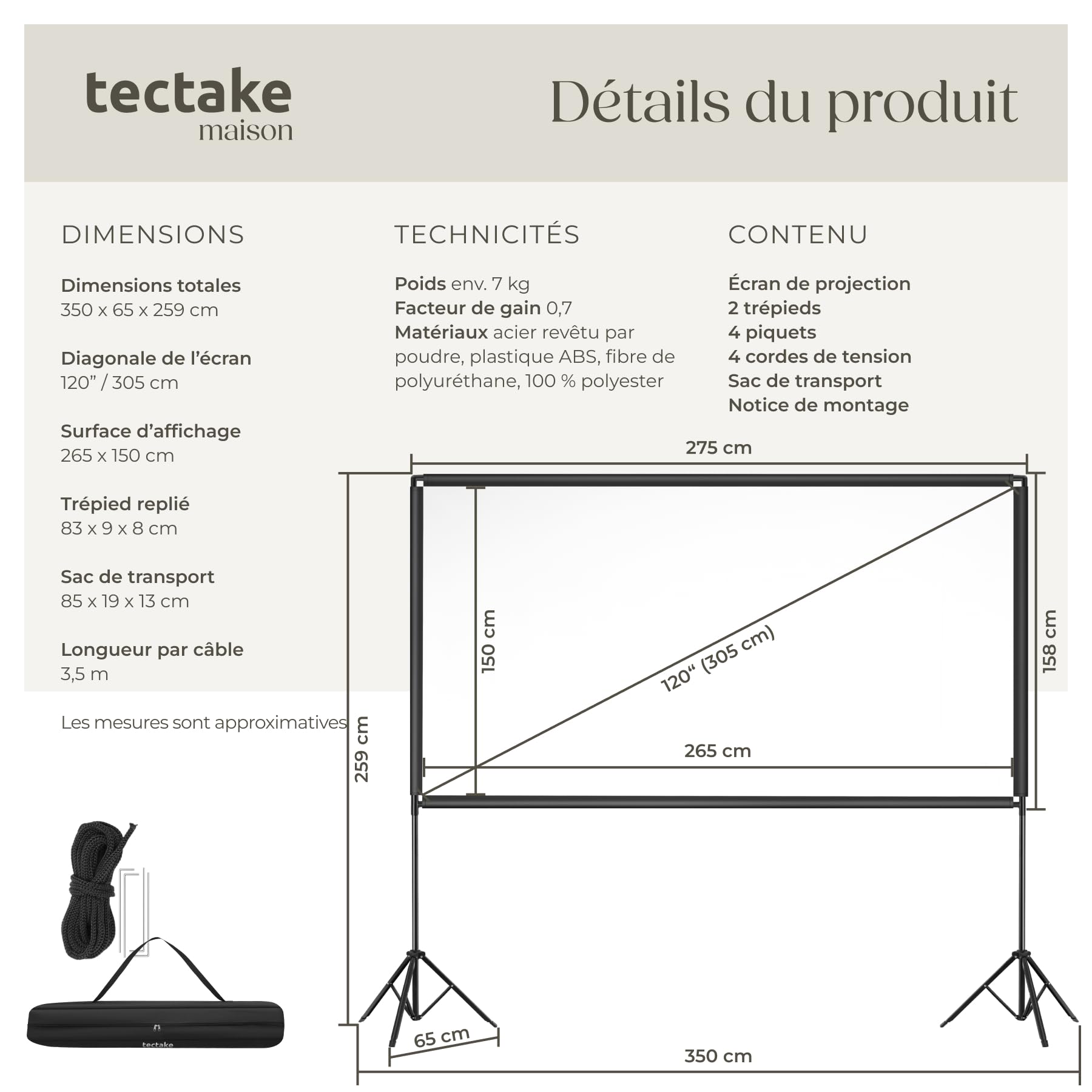 tectake® Écran de Projection Portable 2 trépieds, 265x160 cm, Ecran videoprojecteur Format 16:9, Toile videoprojecteur 4K, HD, Full HD, Ultra HD Ecran de Projection Toile projecteur Écran projecteur