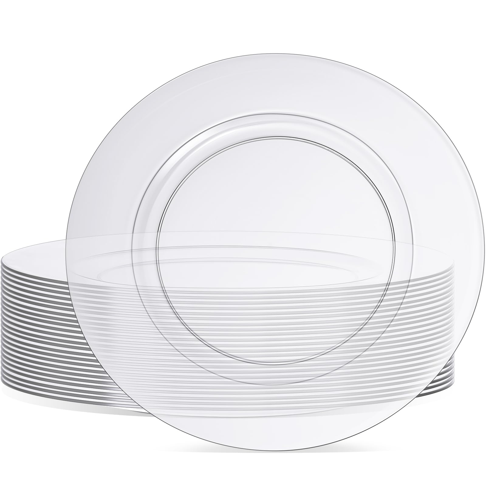 Tanlade 24 Pack Clear Charger Plates Bulk 13 Inch Round Dinner Chargers Clear Service Plates Decorative Plates Disposable Heavy Duty Plastic Dinner Chargers for Wedding Party Formal Events Kitchen