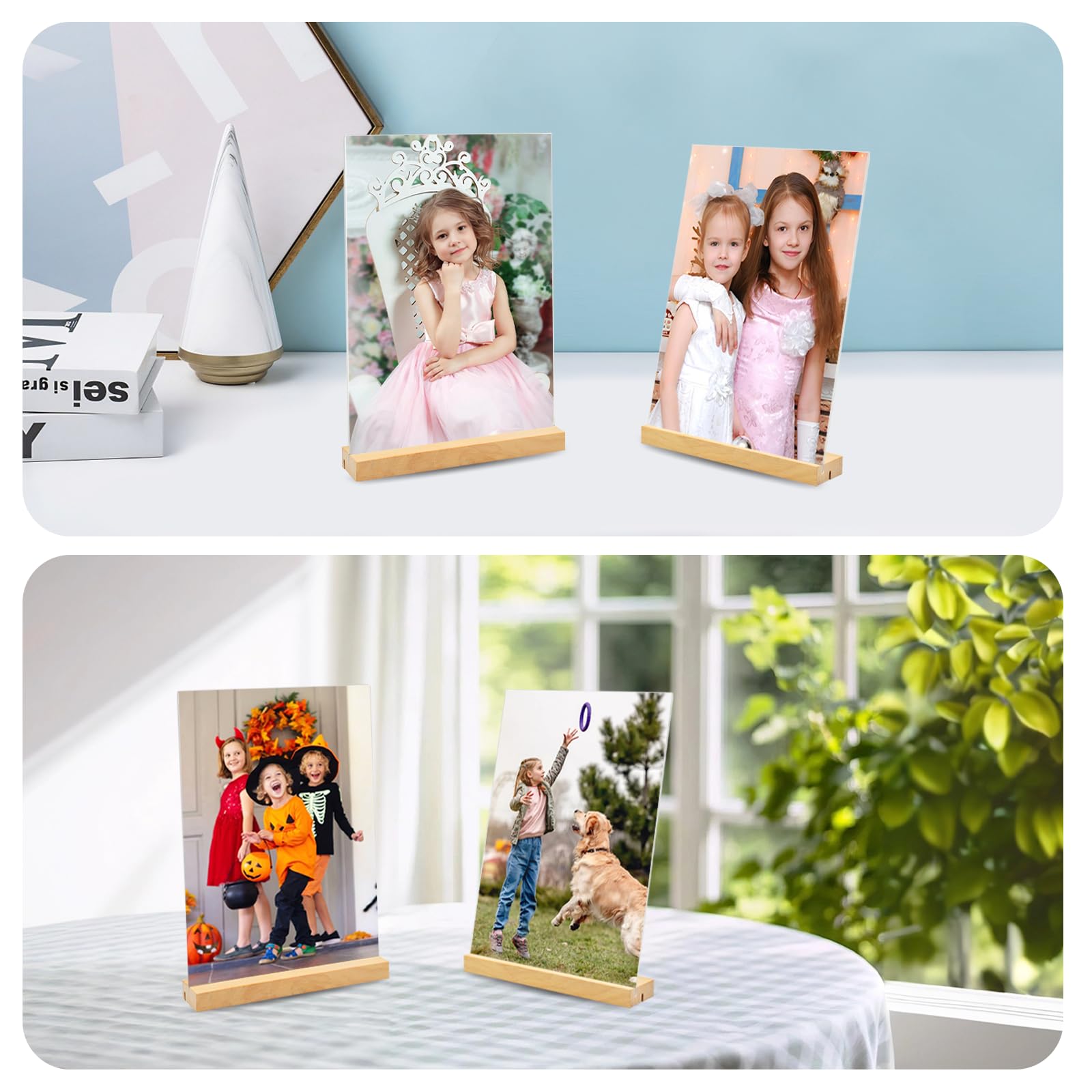 Lot de 6 Présentoirs de Table A5, L/T Forme Plaque en Acrylique A5 Support Affiche, Double Face Porte-menu avec Base en Bois, Porte-feuille pour Exposition Café Bureau école-15*21CM