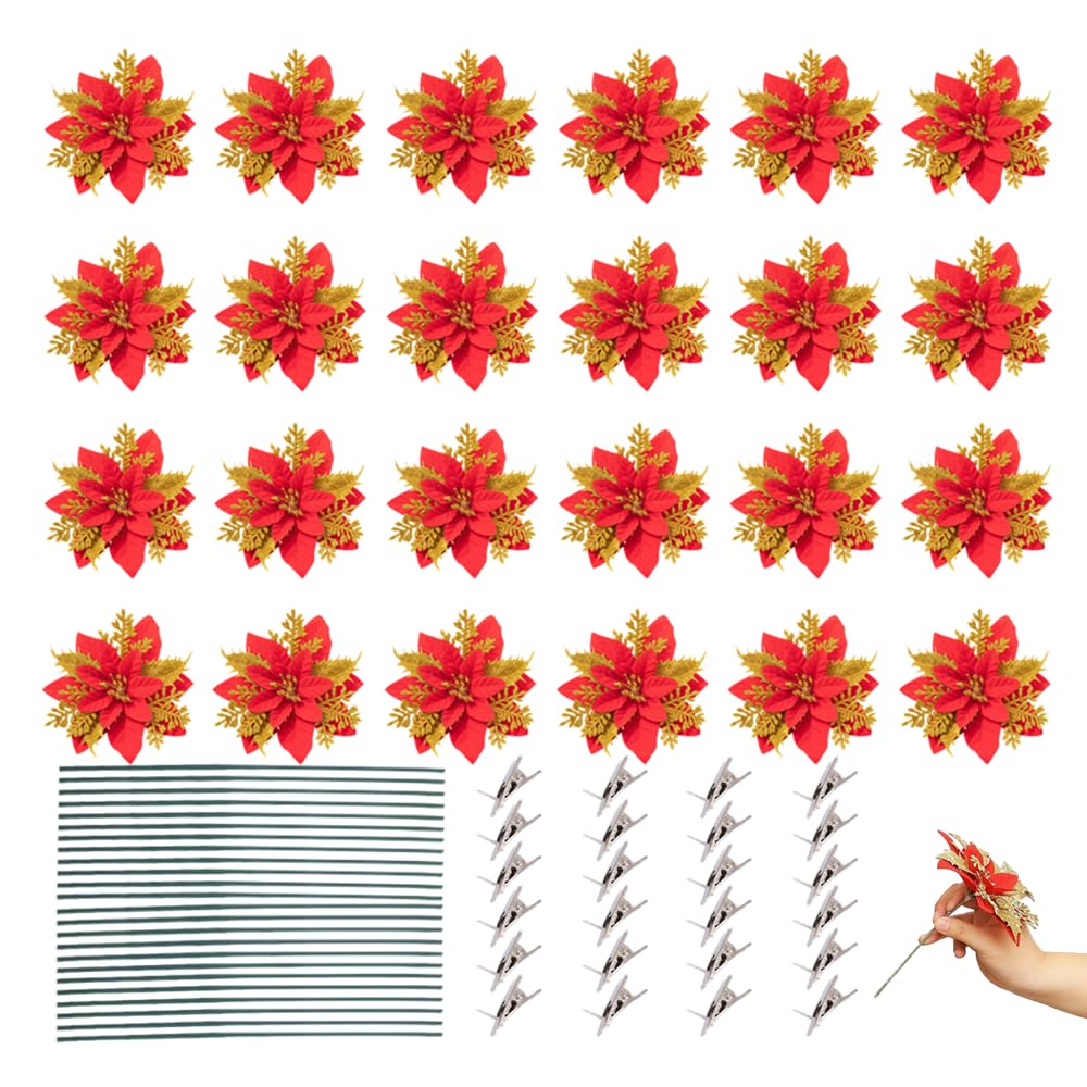 Poinsettia artificiel à paillettes de 14 cm pour illuminer votre sapin de Noël