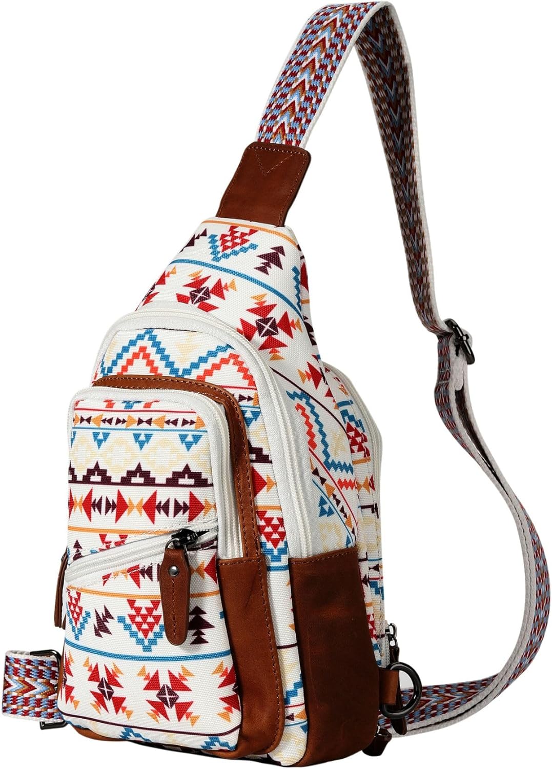 Indie Aztec Concealed Carry Sling Bag – Canvas & Leather Crossbody with Adjustable Strap, Ambidextrous Access, Zipper Closure, and Universal Holster (Multi Aztec)