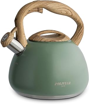 POLIVIAR Stove Top Kettle- Gas Stovetop Kettle 2.7 L- Audible Whistling Kettle- Food Grade Stainless Steel for AntiRust and Anti Hot Handle- Suitable for All Heat Sources Green