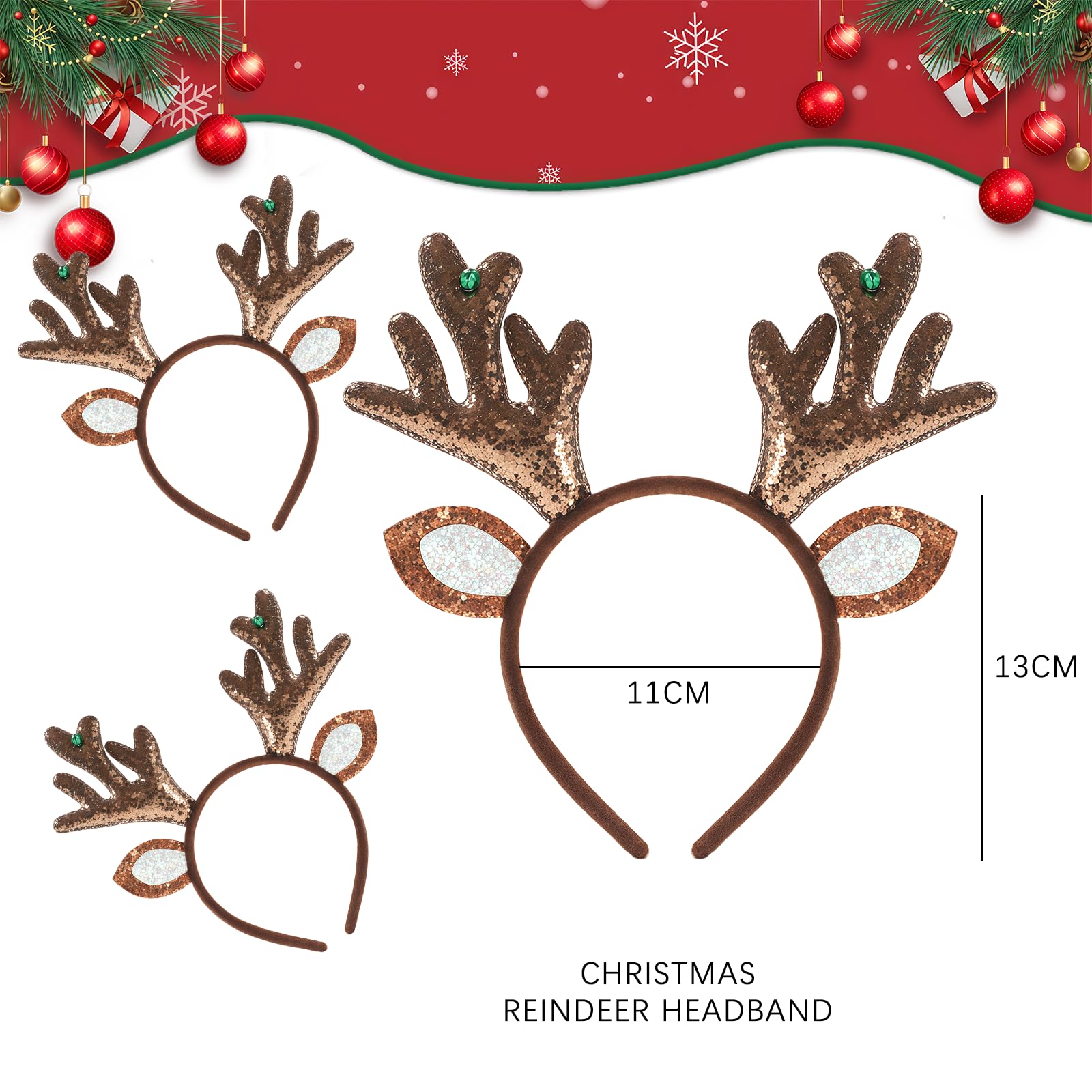 AOVNA 2pcs Christmas Antlers Headband Glitter Christmas Elk Antlers Headbands Cute Reindeer Headband for Holiday Parties and Festive Events - Image 2