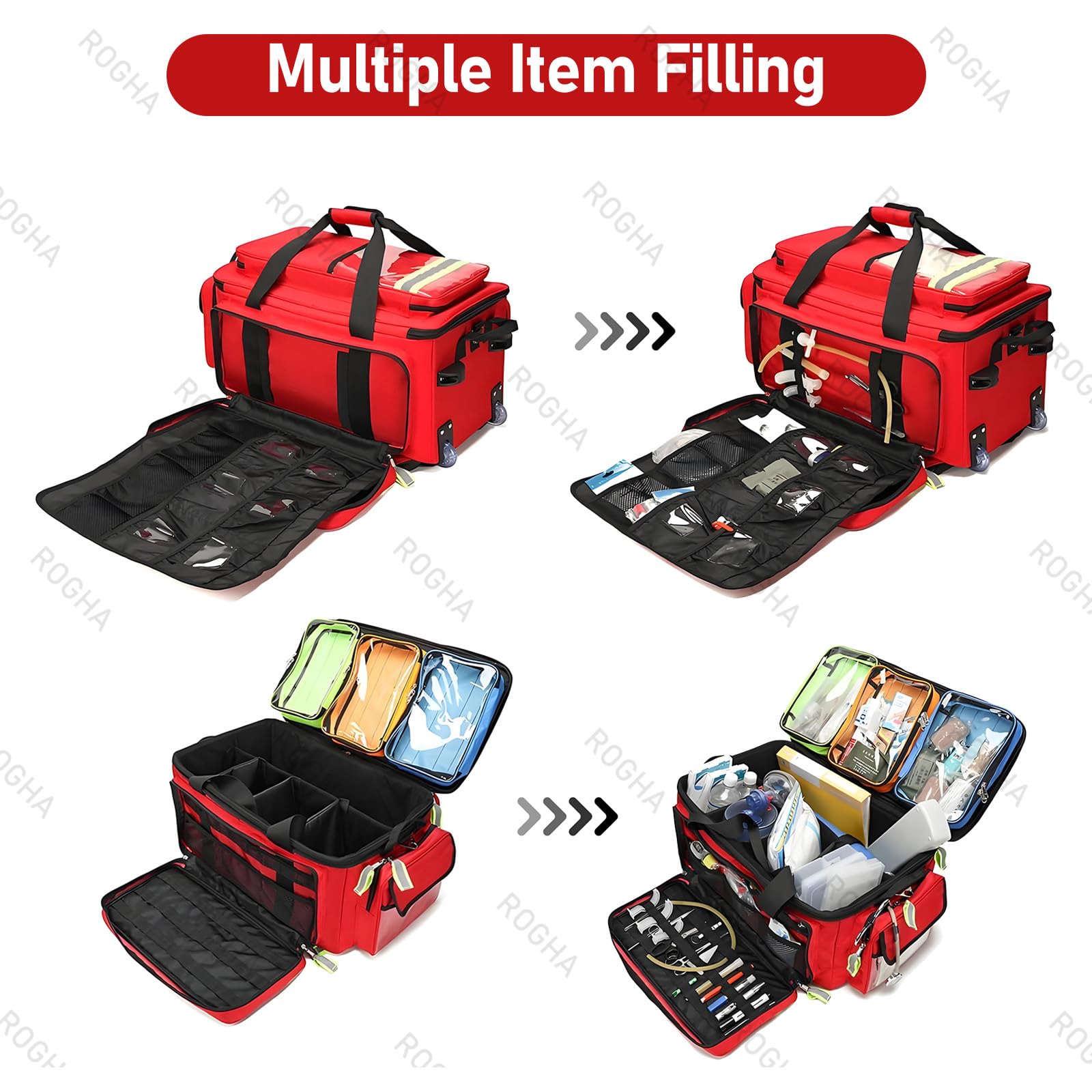 Bolsa médica con Ruedas, botiquín de Primeros Auxilios, Caja de Emergencia Desmontable con Varilla de tracción, con Compartimentos y Tiras Reflectantes, para técnicos de emergencias médicas Red