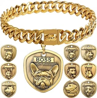 ZQDJ Gold Dog Chain Collars+3D Embossed French Bulldog Dog Tag Set
