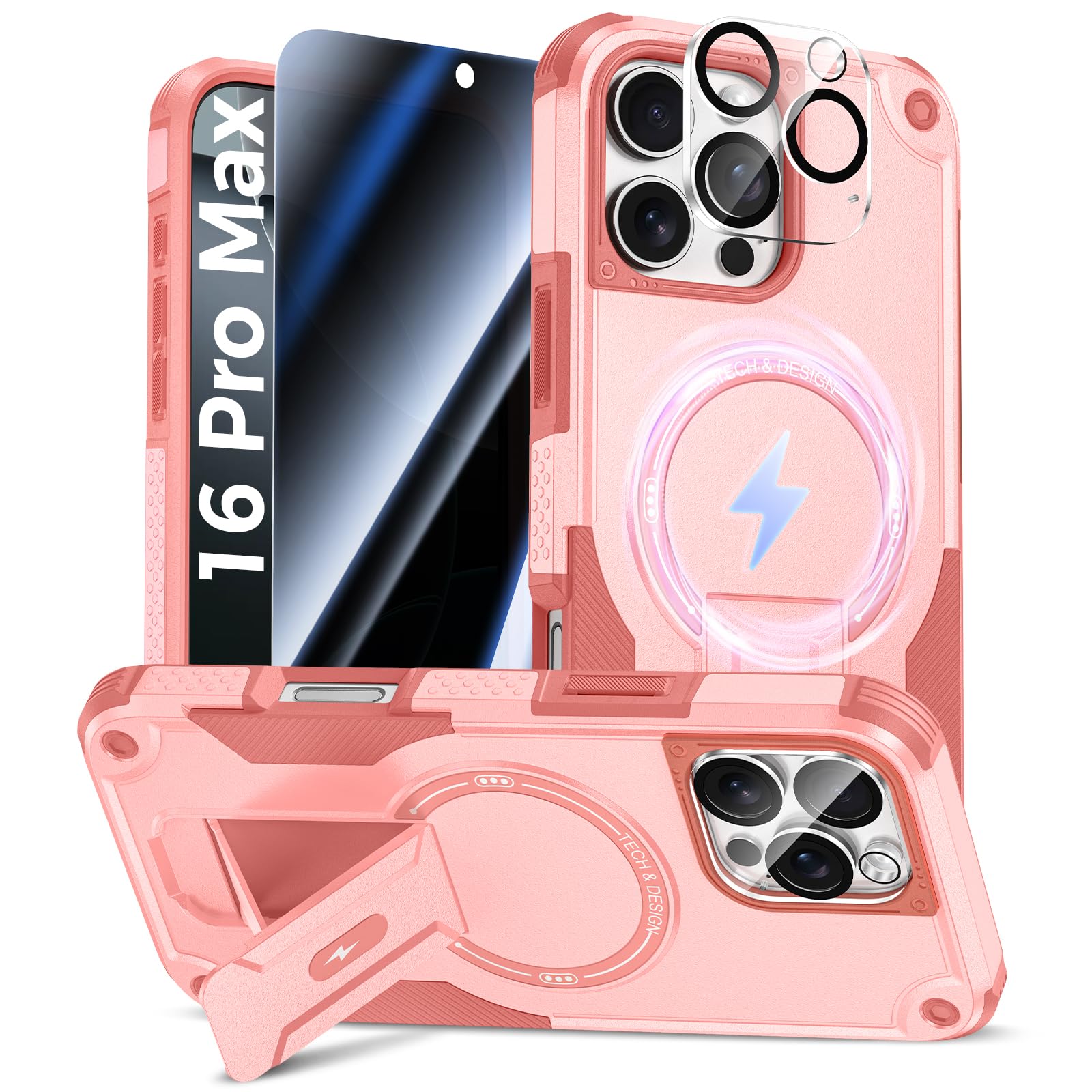 Goton 3 in 1 for iPhone 16 Pro Max Case with Privacy Screen Protector Pink