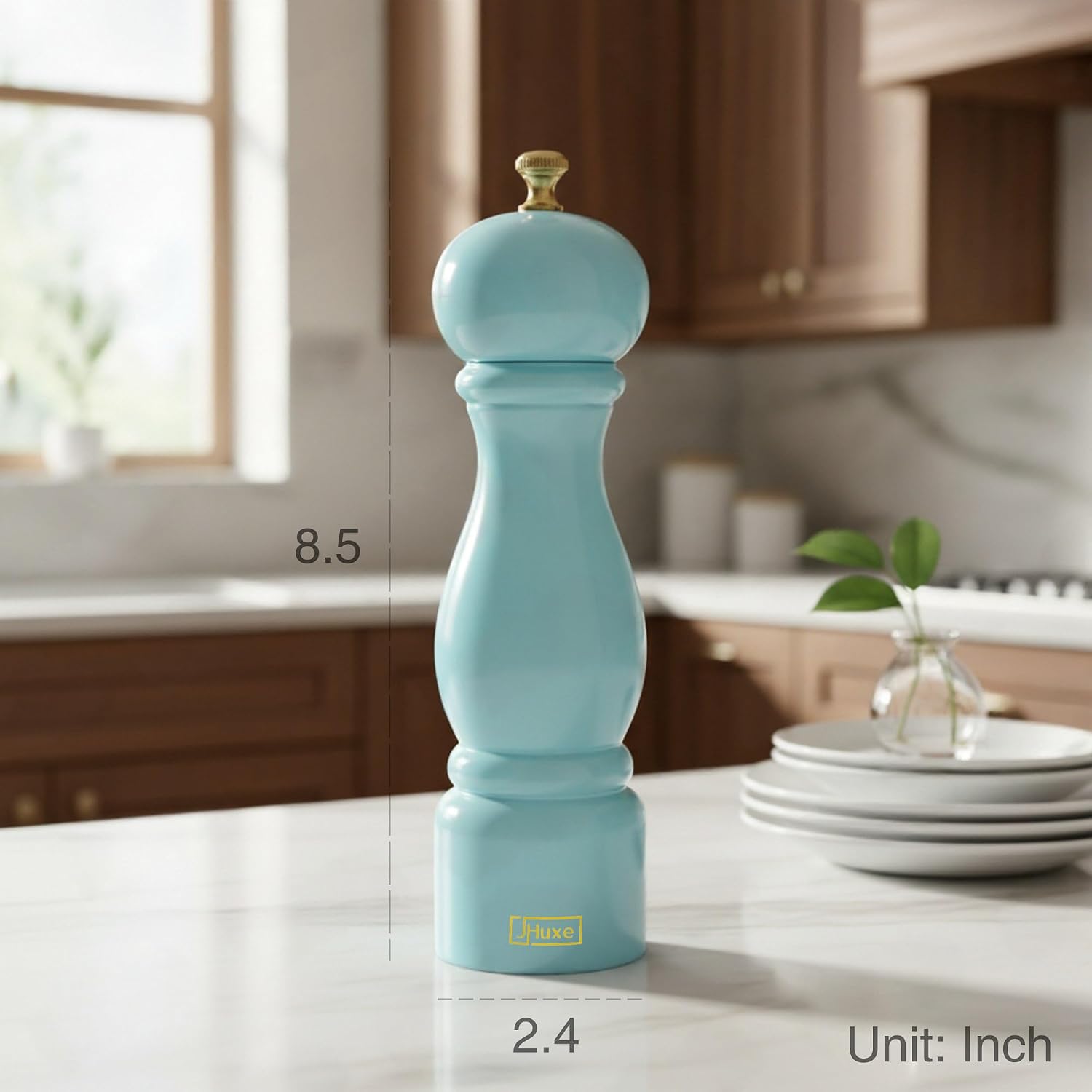 Macaron Blue Wood Salt Grinder, 8 Inch Manual Pepper Mill, Refillable | Wooden Pepper Salt Mill, Adjustable Coarseness Pepper Grinder for Sea Salt and Peppercorn, Best for Home Kitchen Dining Table