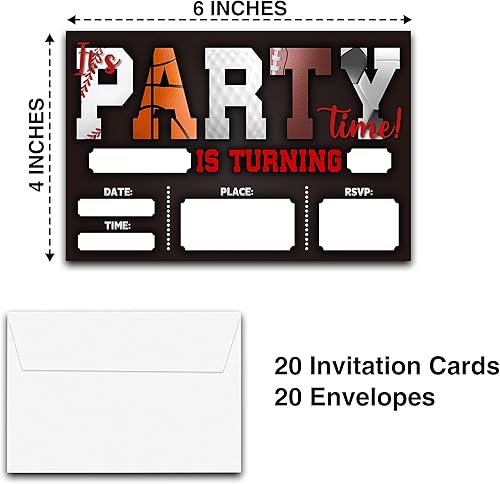 Miniatura 2 de DETIHO Tarjetas de invitación para fiestas de cumpleaños temáticas deportivas de 4 x 6 pulgadas con sobres, es hora de fiesta, baloncesto, fútbol,