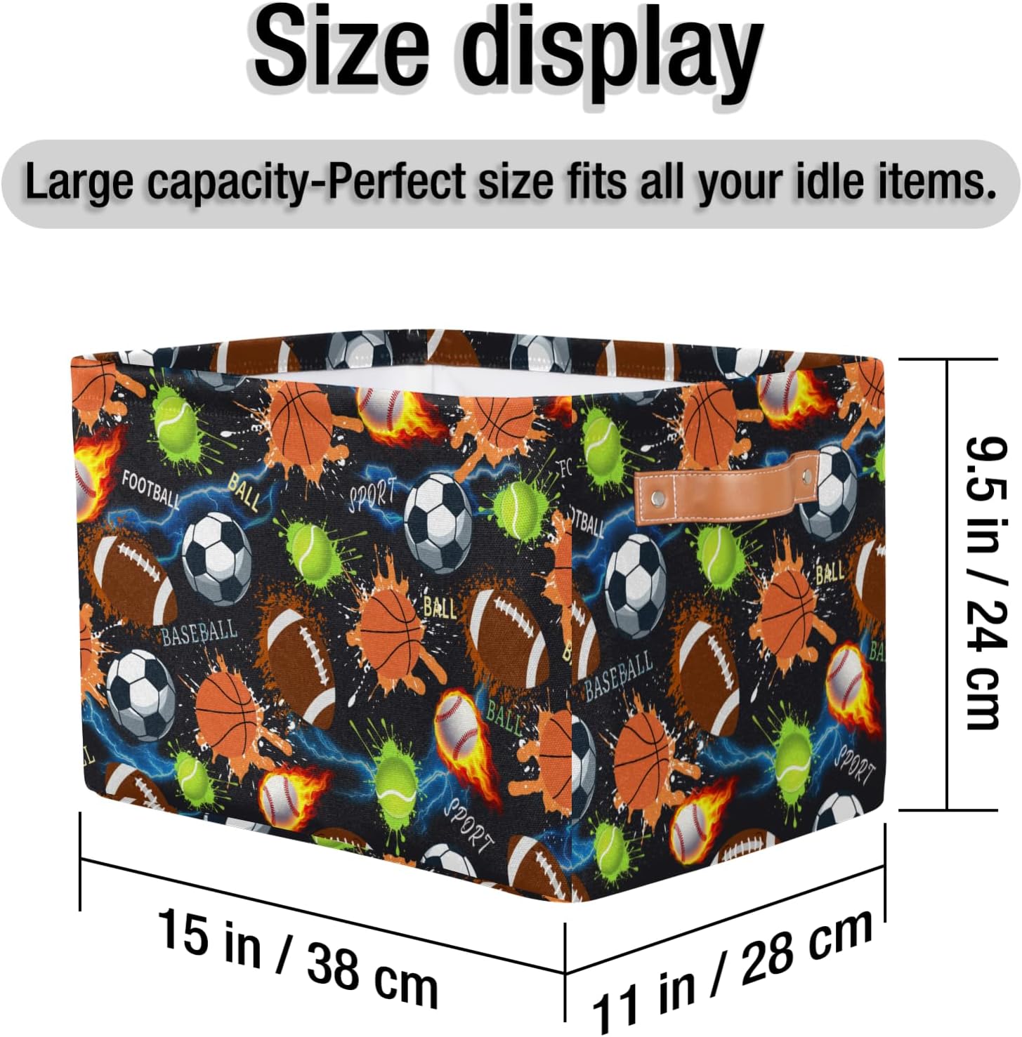 Sports Ball Storage Basket, Cool Basketball Football Soccer Print Fabric Organizer with Leather Handles, Foldable Bin for Boys Room, Sports Gear, Clothes, Bedroom, Game Room, Present for Sports Fans