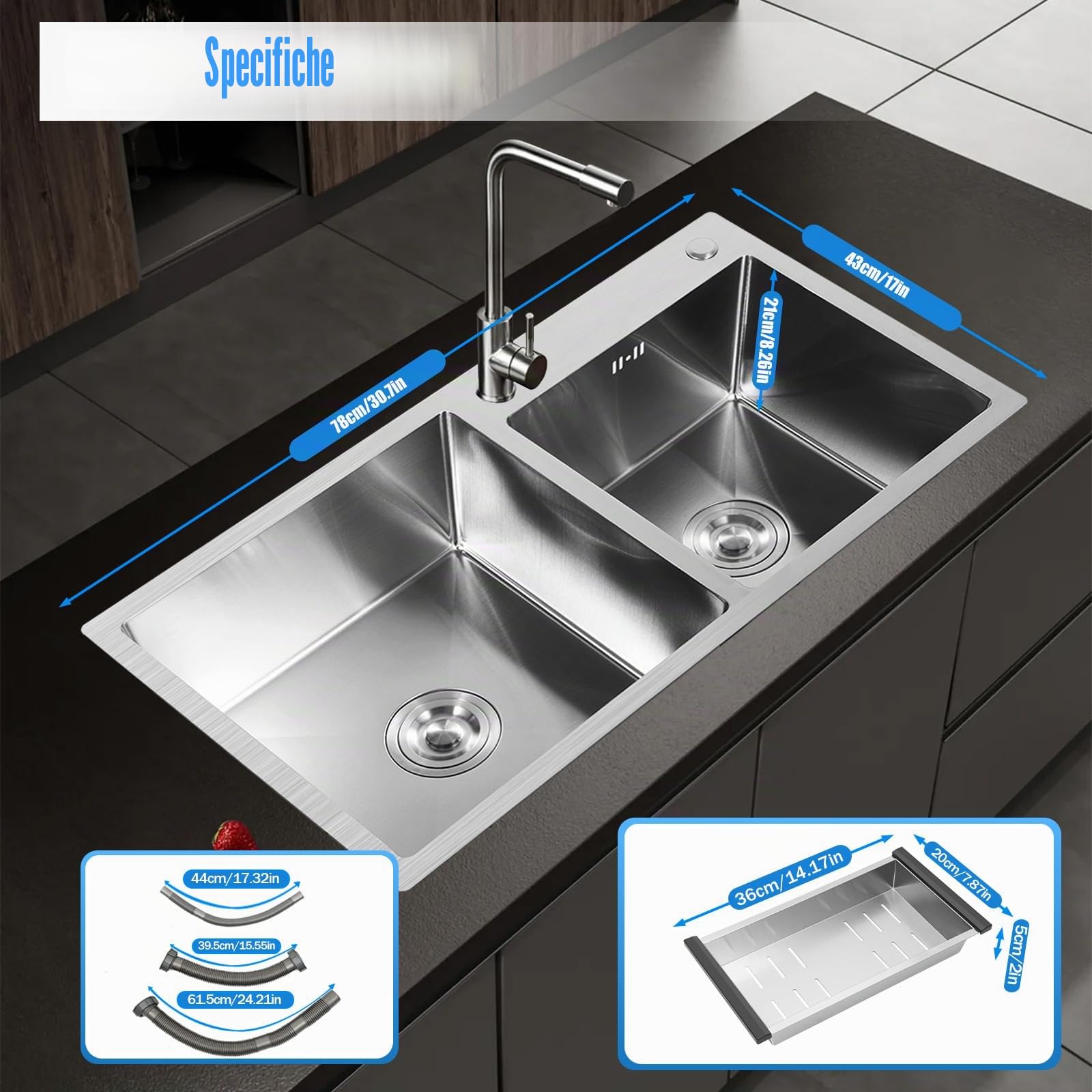 Lavello da cucina in acciaio inox, 78x43x21cm Lavello cucina 2 vasche, Drop In Lavandino con cestello di drenaggio