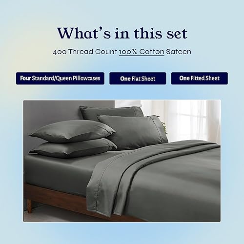 Vista 177 de Juego de sábanas de 400 hilos y 6 piezas, tamaño King, con 4 fundas de almohada, ropa de cama de 100 % algodón con tejido satinado, color azul 12