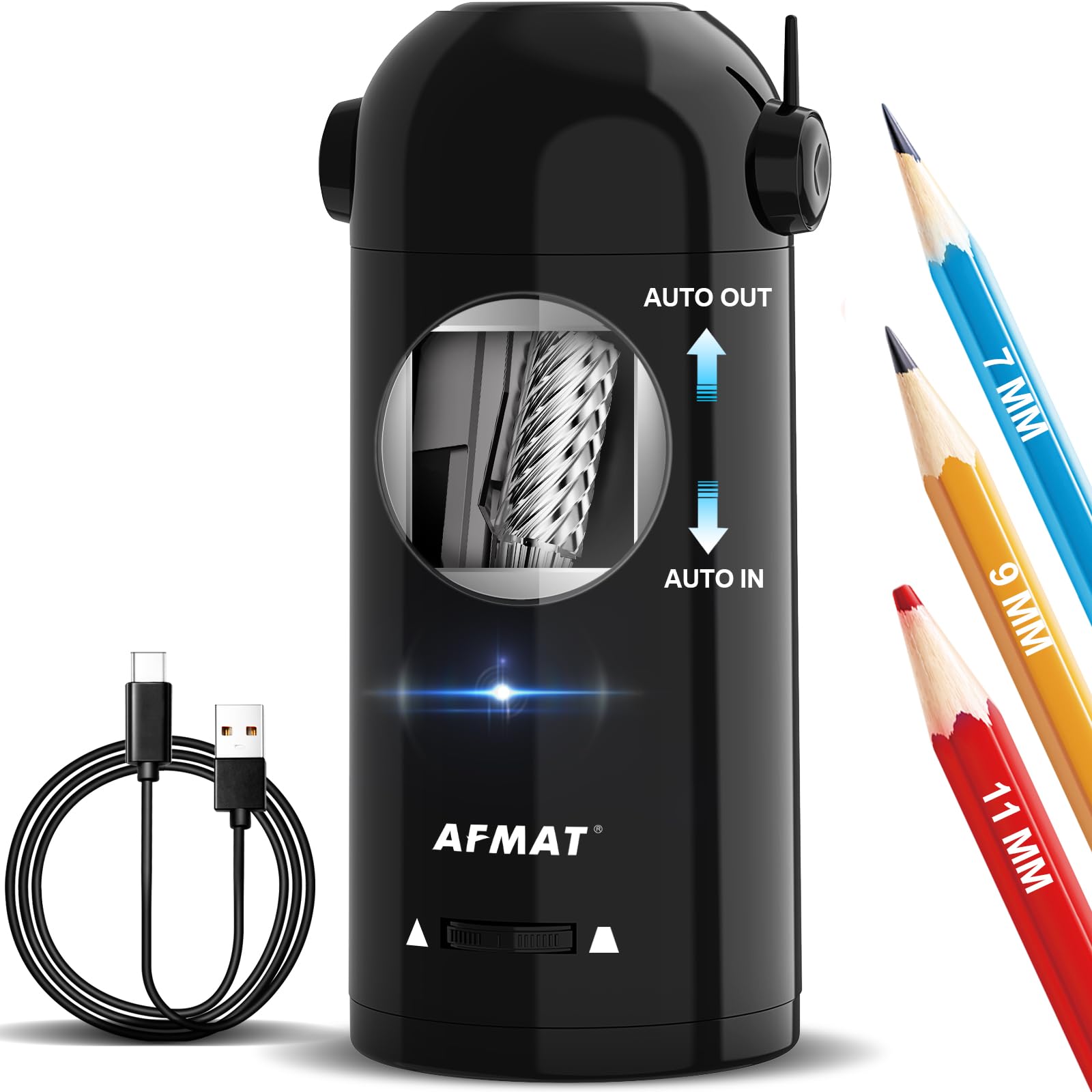 AFMAT Temperamatite elettrico completamente automatico con contenitore, temperamatite elettrico per matite da 7 a 11,5 mm, portatile e sicuro, temperamatite elettrico ricaricabile per casa, ufficio
