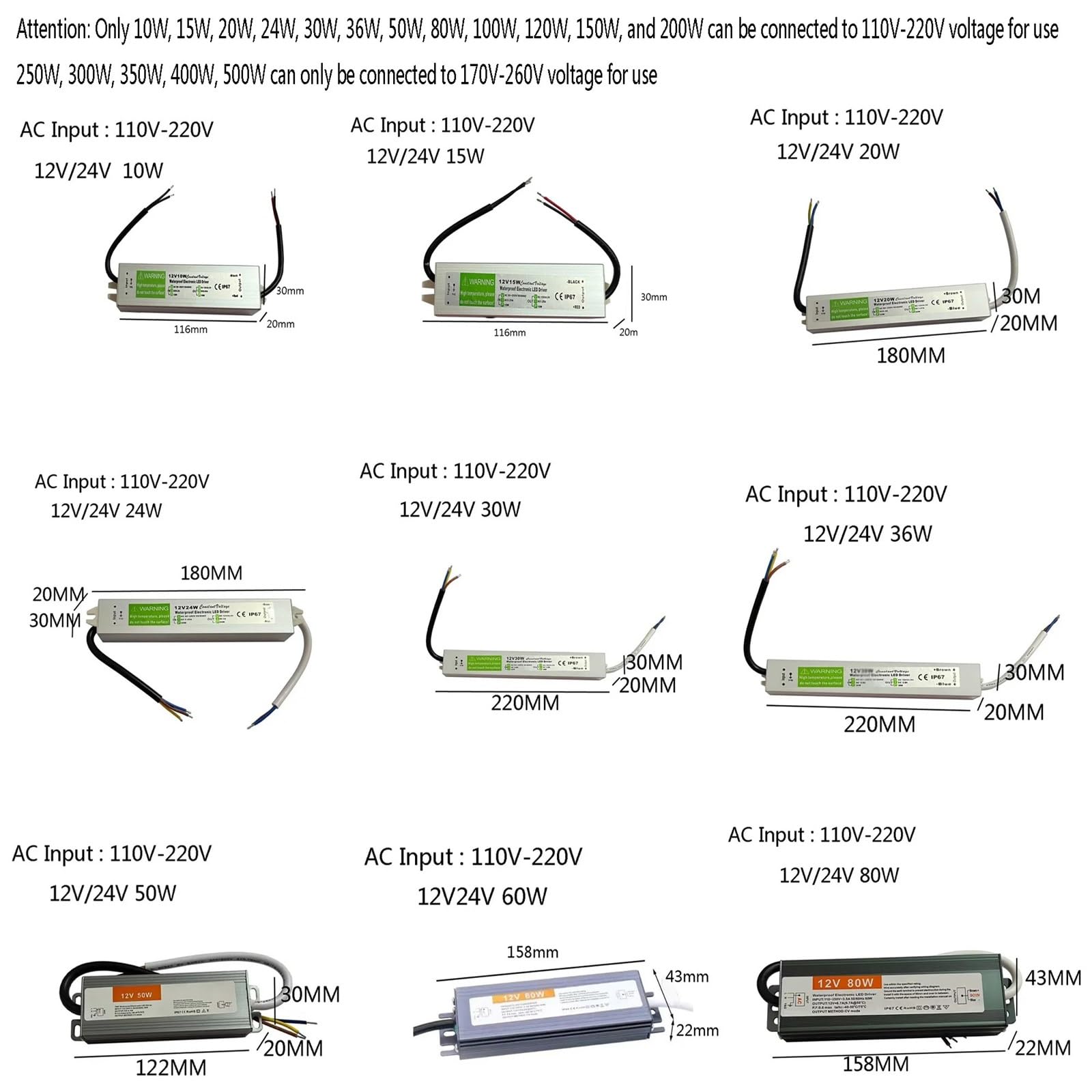 Alimentatore impermeabile IP67 Trasformatore di illuminazione AC110V~220V a DC 12V 24V Driver LED Adattatore for esterni(100W,12V)