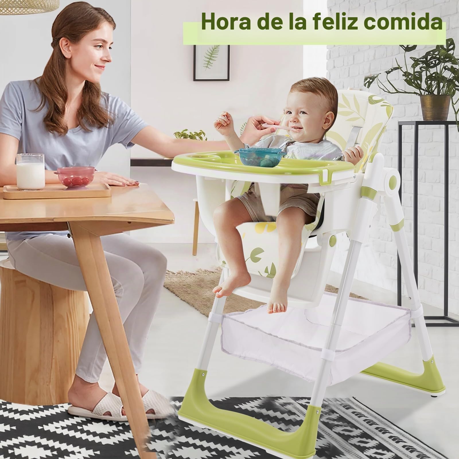 Trona para bebé plegable, Trona bebe con reposapiés, ruedas, altura y respaldo regulables, trona versátil para bebé desde el nacimiento