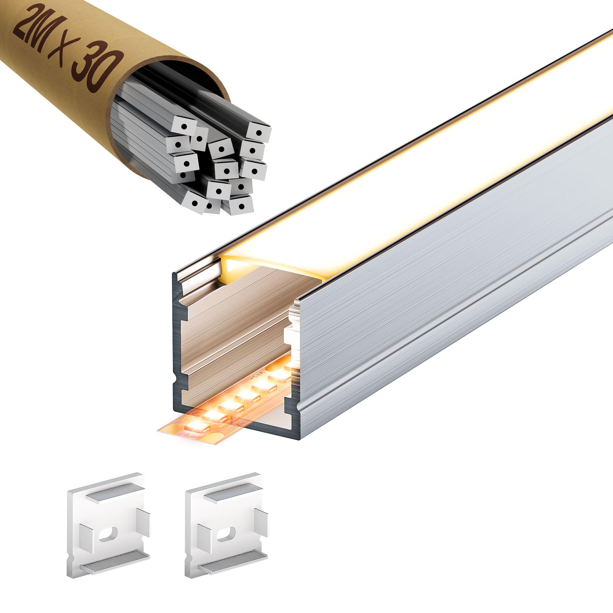 30 x 2 metry profili aluminiowych do taśm LED (60 mt), kanał kablowy z matową osłoną, maks. 15,4 mm, profil aluminiowy 20 x 20 mm