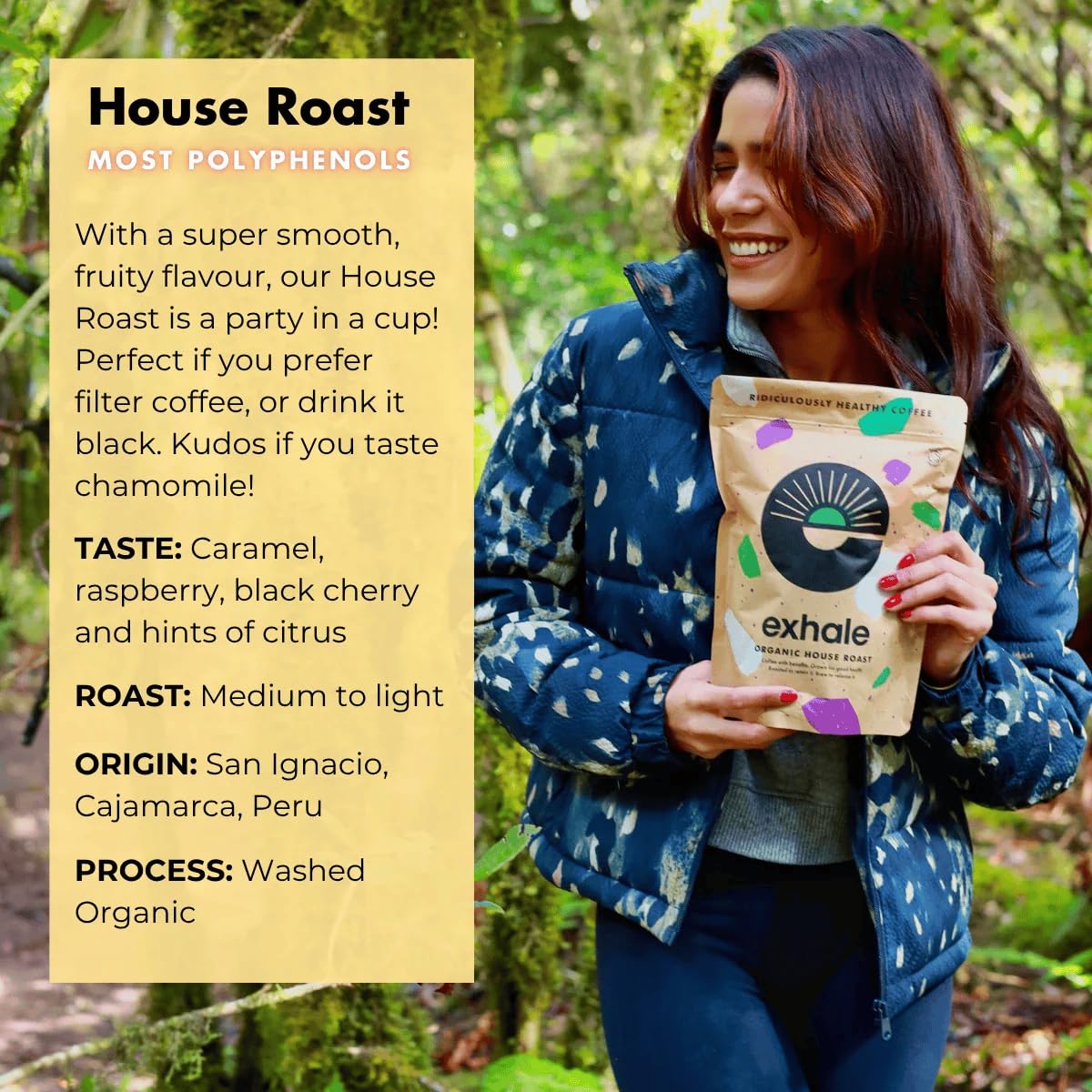 EXHALE Organiczna kawa mielona - Nowe duże opakowanie 450 g - Proste pochodzenie i 100% ziarna arabskie. Do Cafetiere, Filtry lub AeroPress - Średnia palona
