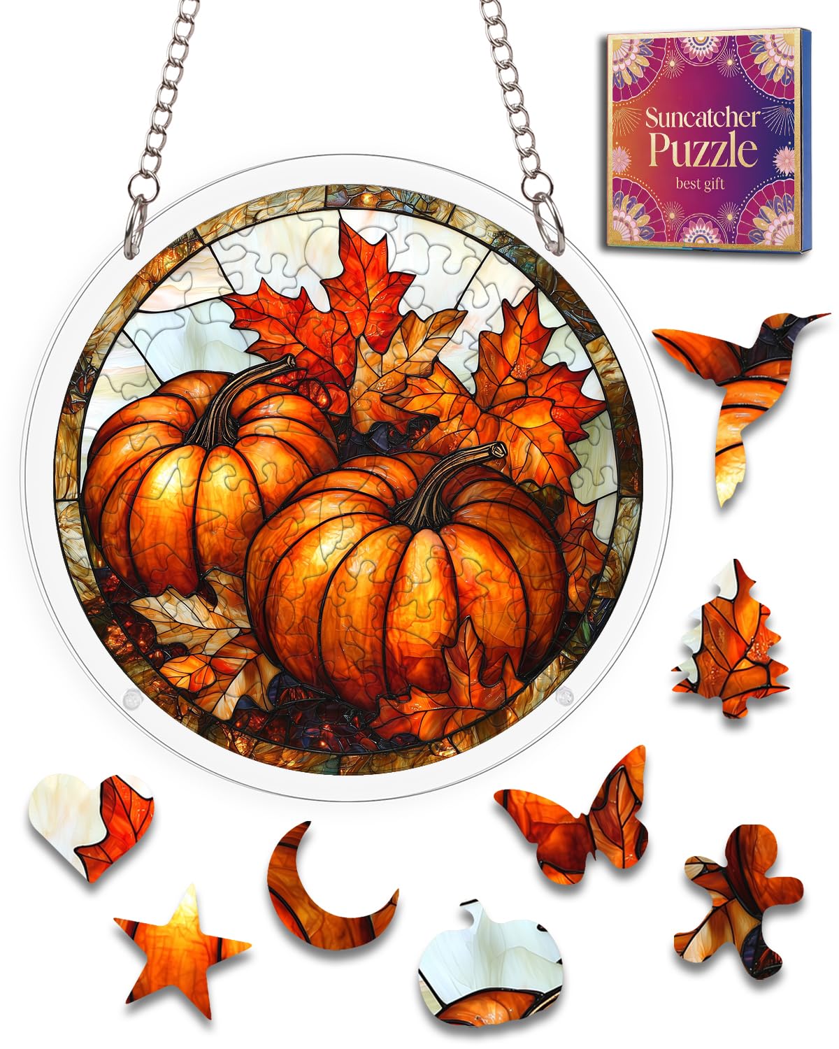 Acrylic Jigsaw Puzzle Suncatcher Maple Leaf Pumpkin Adult Puzzles Gift 7.8"