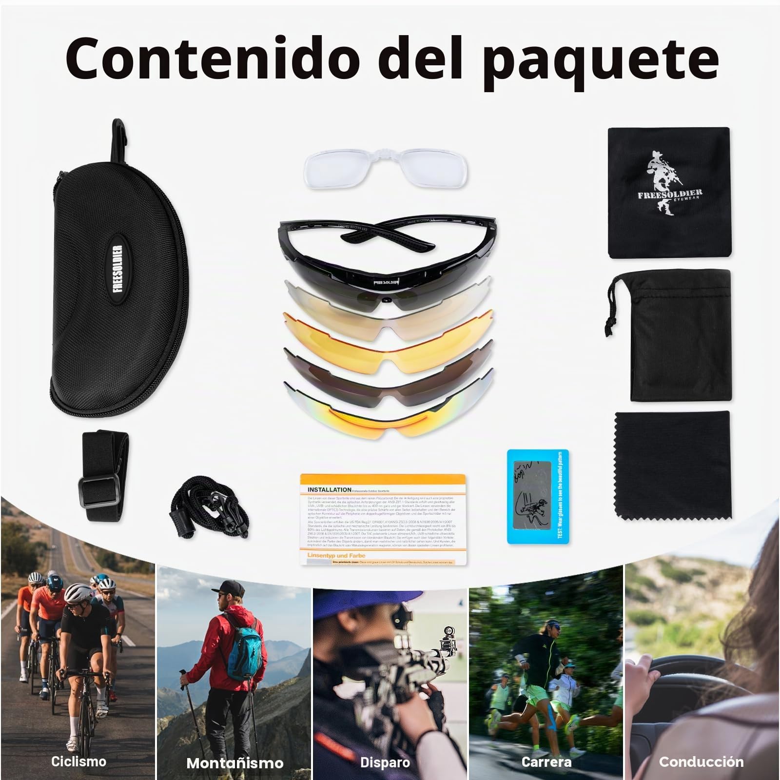 FREE SOLDIER Gafas Ciclismo Hombre Gafas tácticas Militares Gafas Motocross anti-UV400 Gafas de Sol polarizadas 5 en 1 para MTB Airsoft Correr, Pescar, Conducir, Deportes al Aire Libre