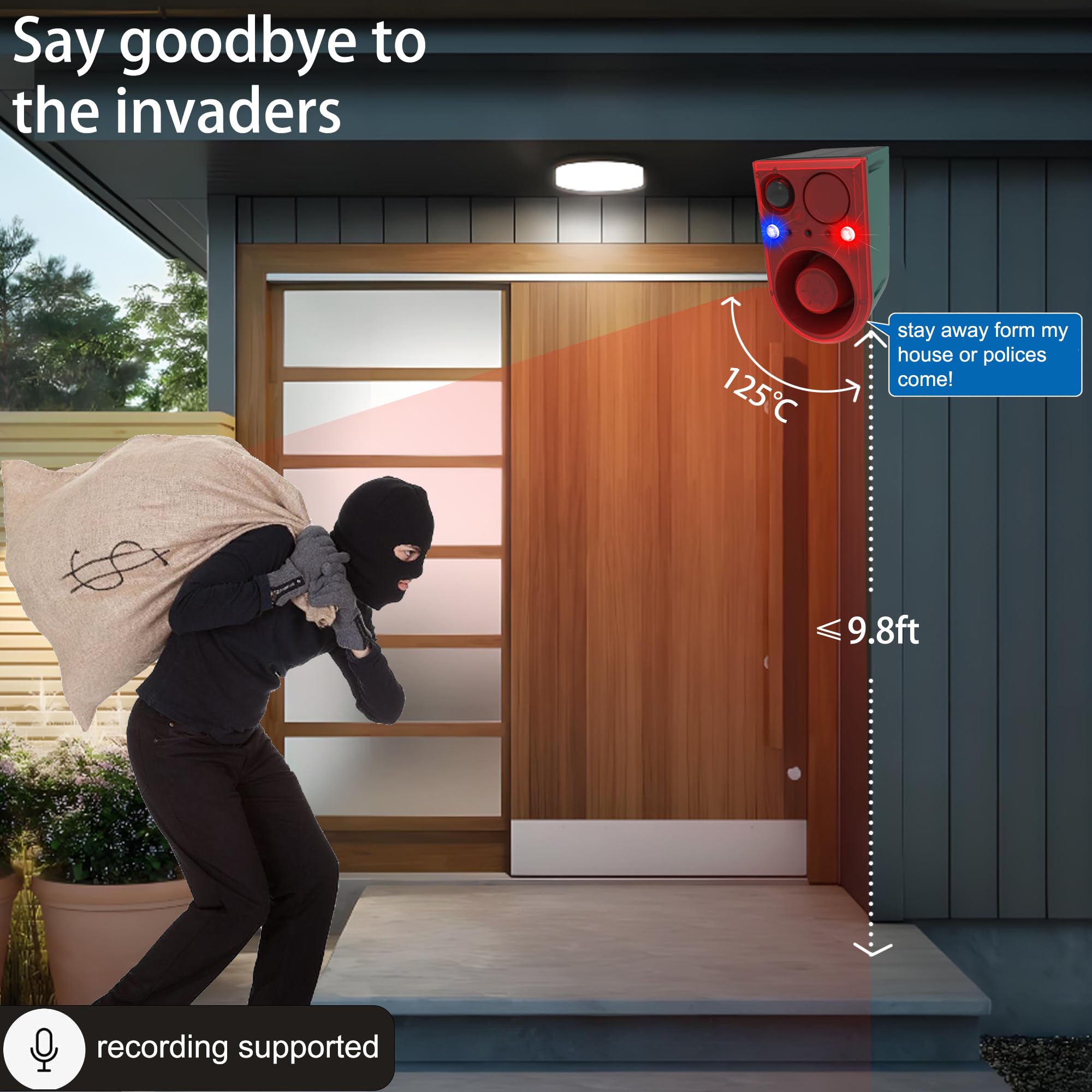 Alarme Solaire d'extérieur avec détecteur de Mouvement - avec télécommande - 13 Types de Sons - Lumière stroboscopique Rouge et Bleue avec USB - Dites Adieu aux intrus