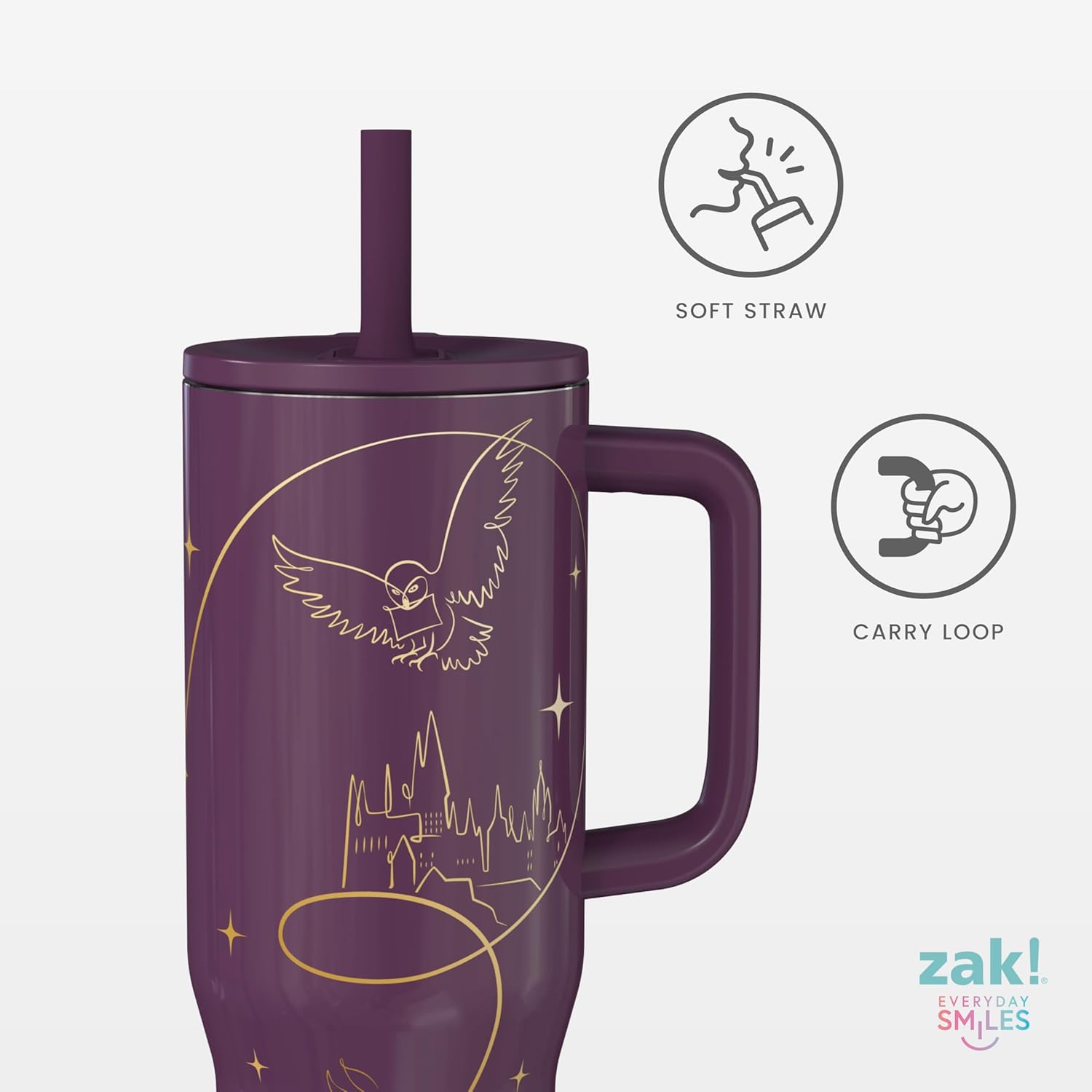 Zak Designs Harry Potter Sutton Travel Tumbler for On the Go, 30oz Stainless Steel with Vacuum Insulation, Silicone Straw, and Carry Handle for Cold Drinks (Hogwarts) - Image 2