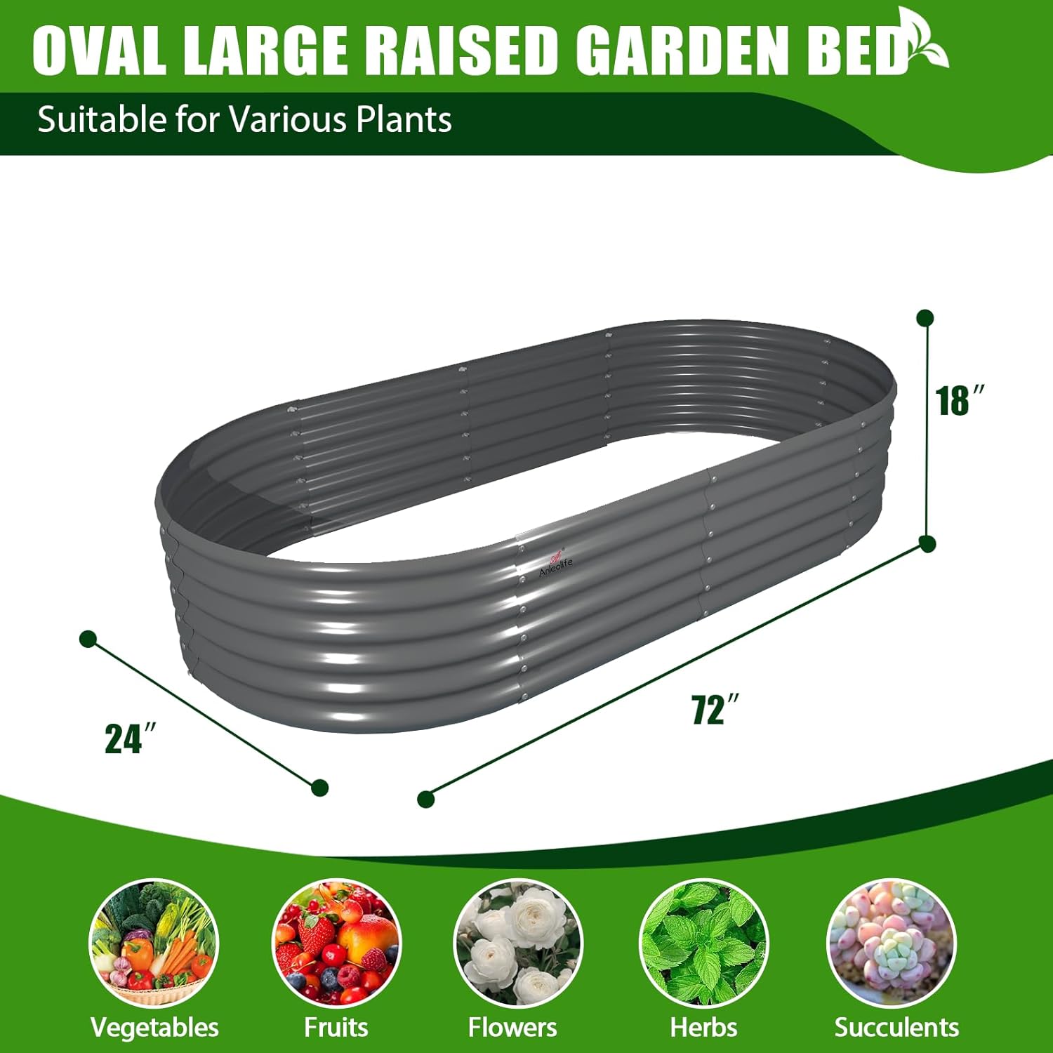 A ANLEOLIFE 2 Pcs 6X2X1.5 ft Oval Round Galvanized Raised Garden Beds Outdoor for Planting Vegetables Flowers Herb, Quartz Grey