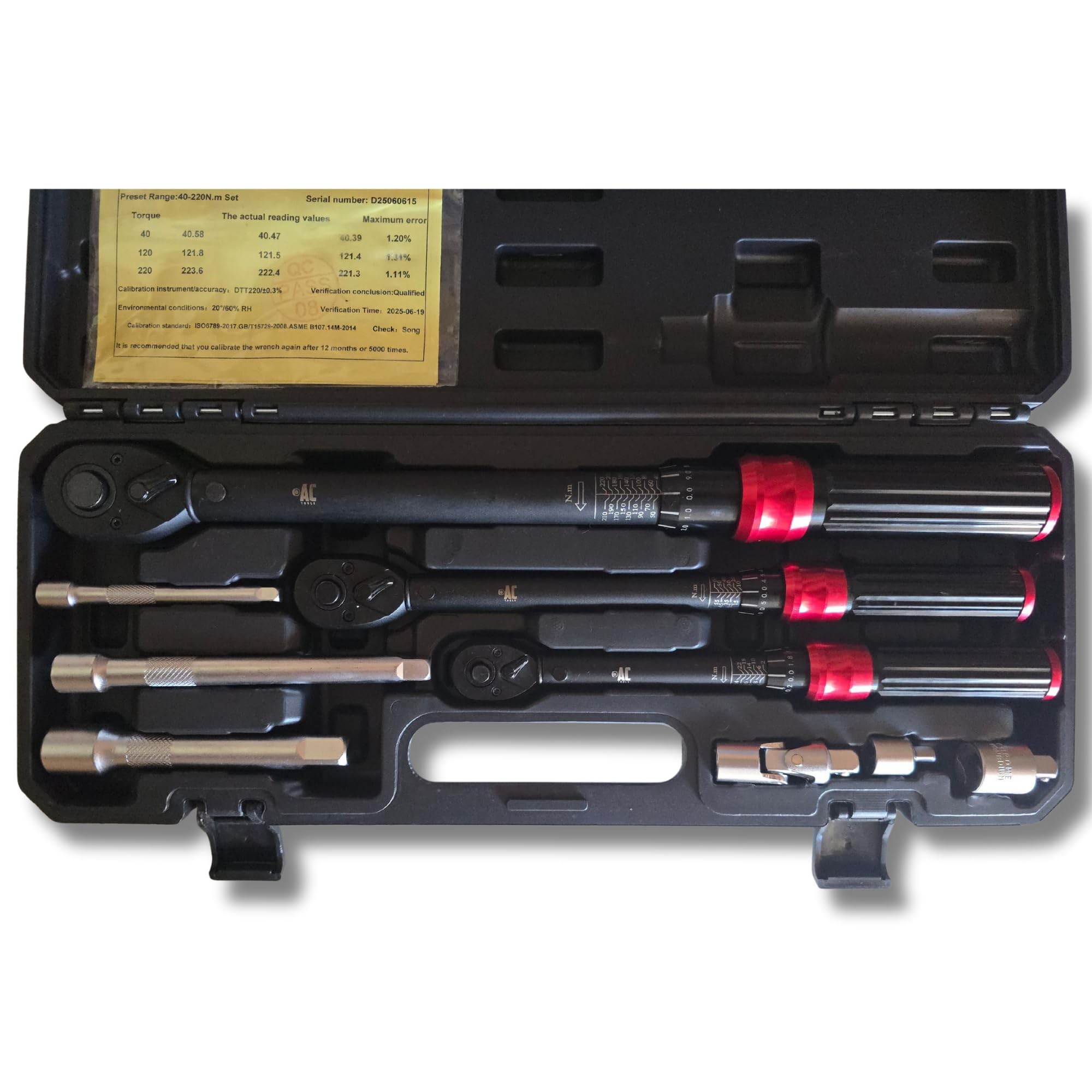 Juego llaves dinamométricas 9 piezas 1/4” 2-24Nm 3/8” 10-60Nm 1/2” 40-220Nm CR-V trinquete 72 dientes adaptadores, barras de extensión y rótula