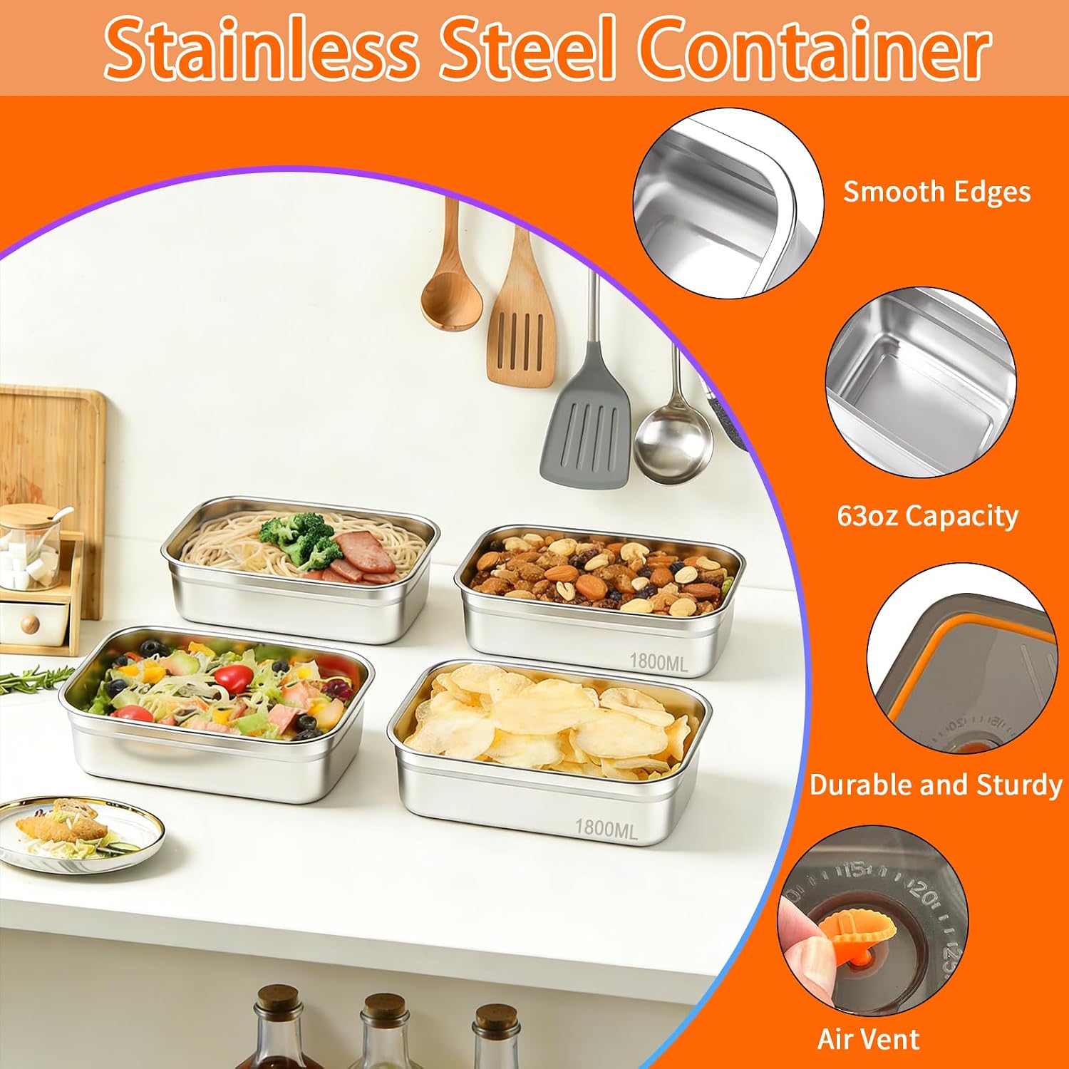 10 Pack 63oz Stainless Steel Food Storage Containers with Lids