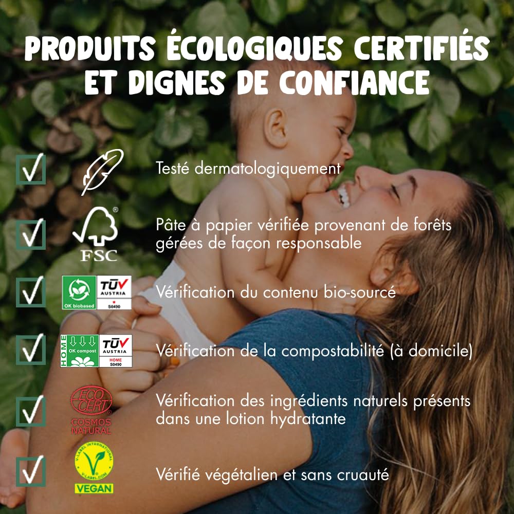 Lingettes Bébé Love & Green - 56 Lingettes à L'Eau | COSMOS Natural, Sans Plastique | 98% Origine Naturelle, Hypoallergénique