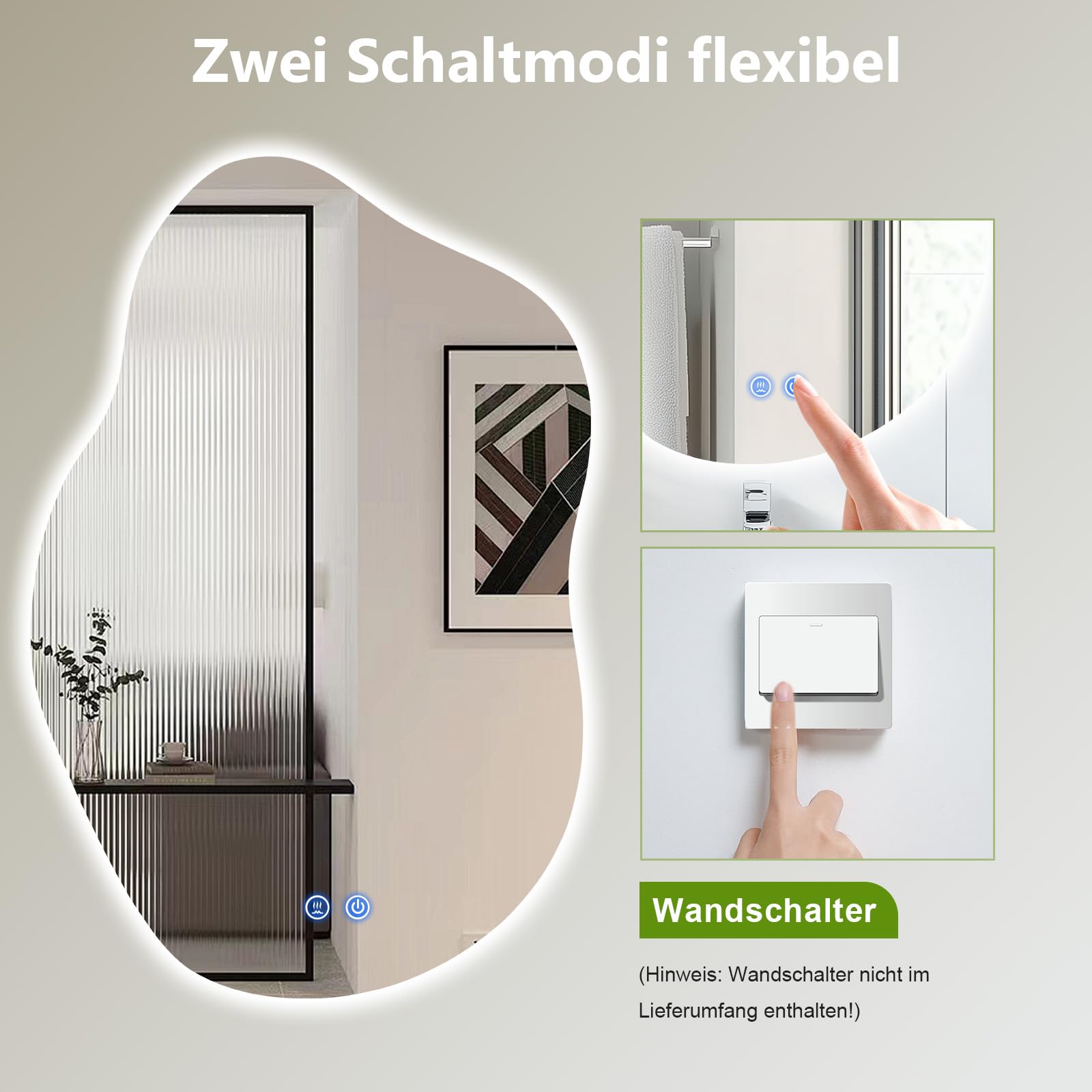 ColdShine LED Badspiegel Asymmetrisch mit Beleuchtung Wandspiegel 80 * 55cm | 3 Lichtfarben, Dimmbar, Anti-Beschlag, Moderner Silber fürs Badezimmer mit Touch-Sensor