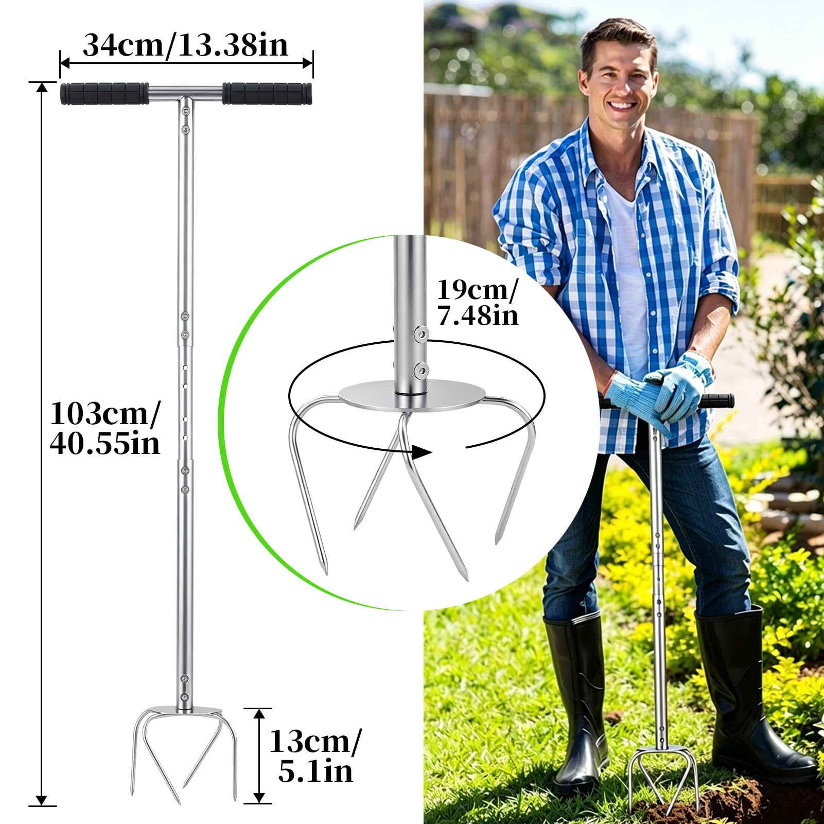 Gartenkralle mit Stiel,4-Zinken Gartenkultivator,103cm Hoch Twist Tiller Gartenfräse,Höhenverstellbar Gartenfräse,Vertikutierer und Unkrautentferner in einem Gerät,Kultivator für Gartenbeet